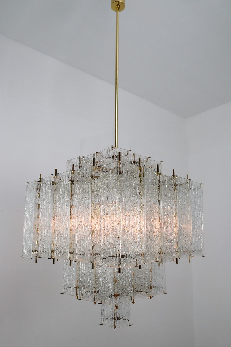 Layered Brass Glass Chandelier 1970
