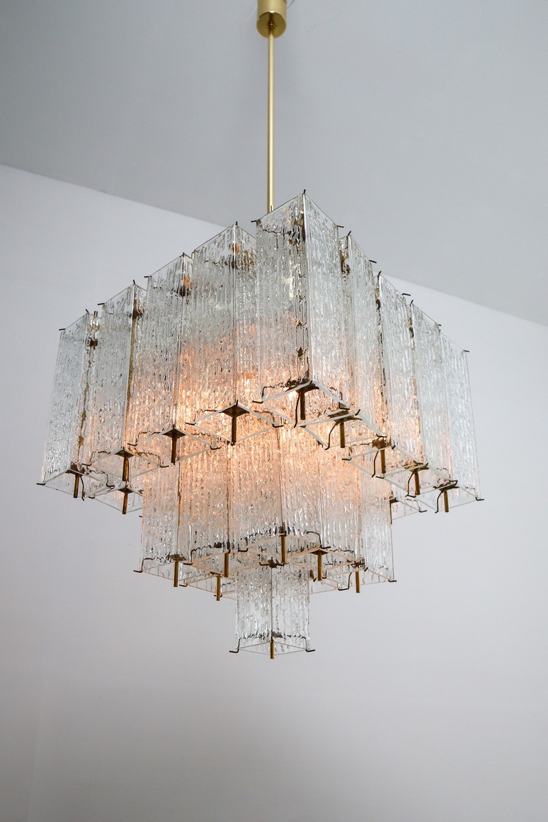 Layered Brass Glass Chandelier 1970