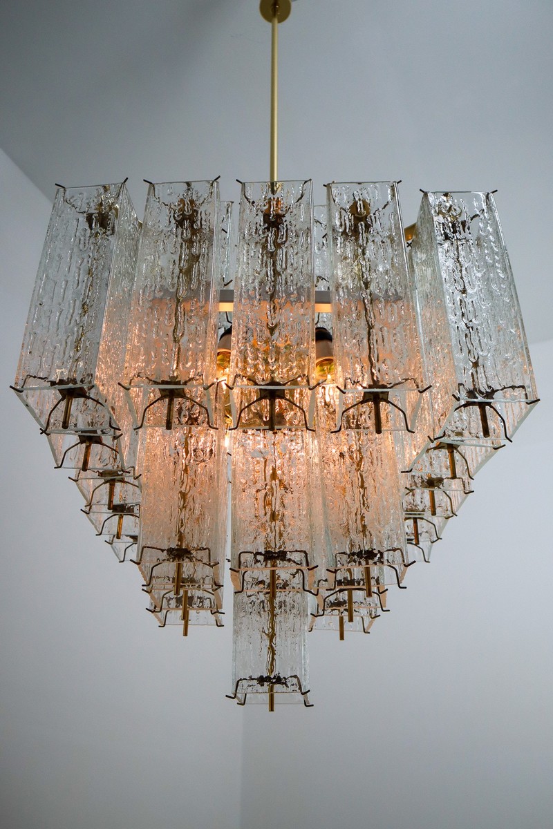Layered Brass Glass Chandelier 1970