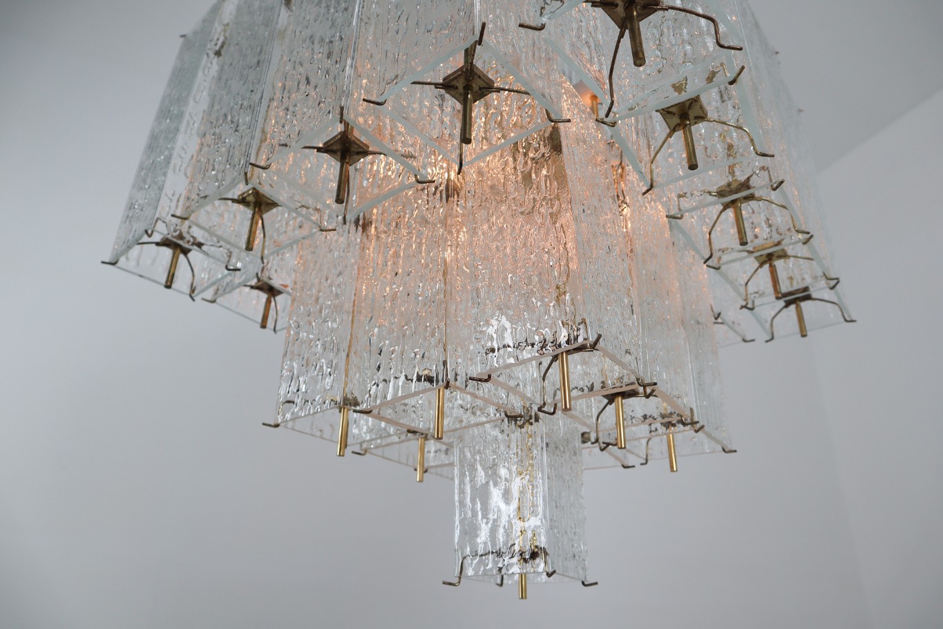 Layered Brass Glass Chandelier 1970