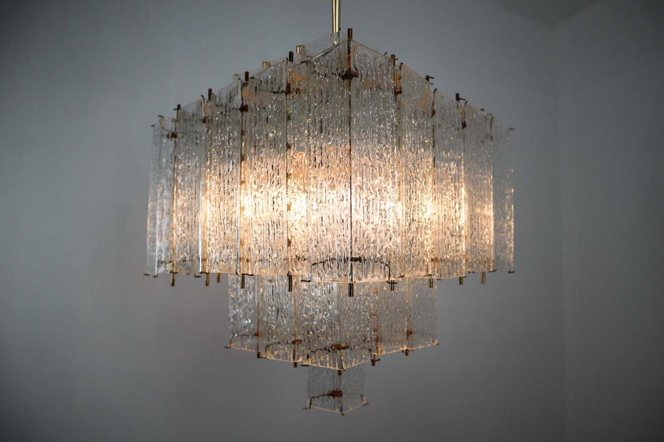 Layered Brass Glass Chandelier 1970