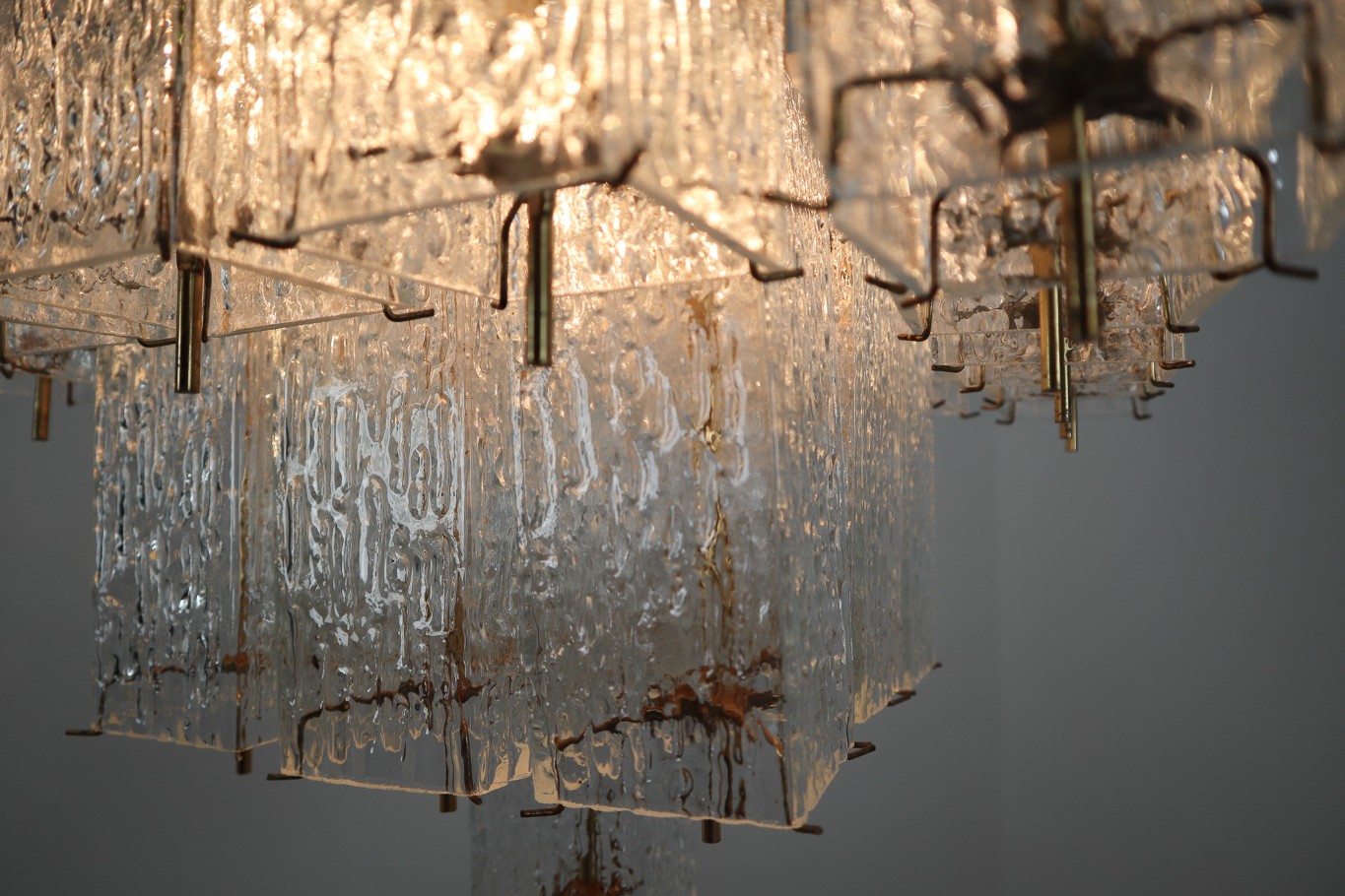 Layered Brass Glass Chandelier 1970
