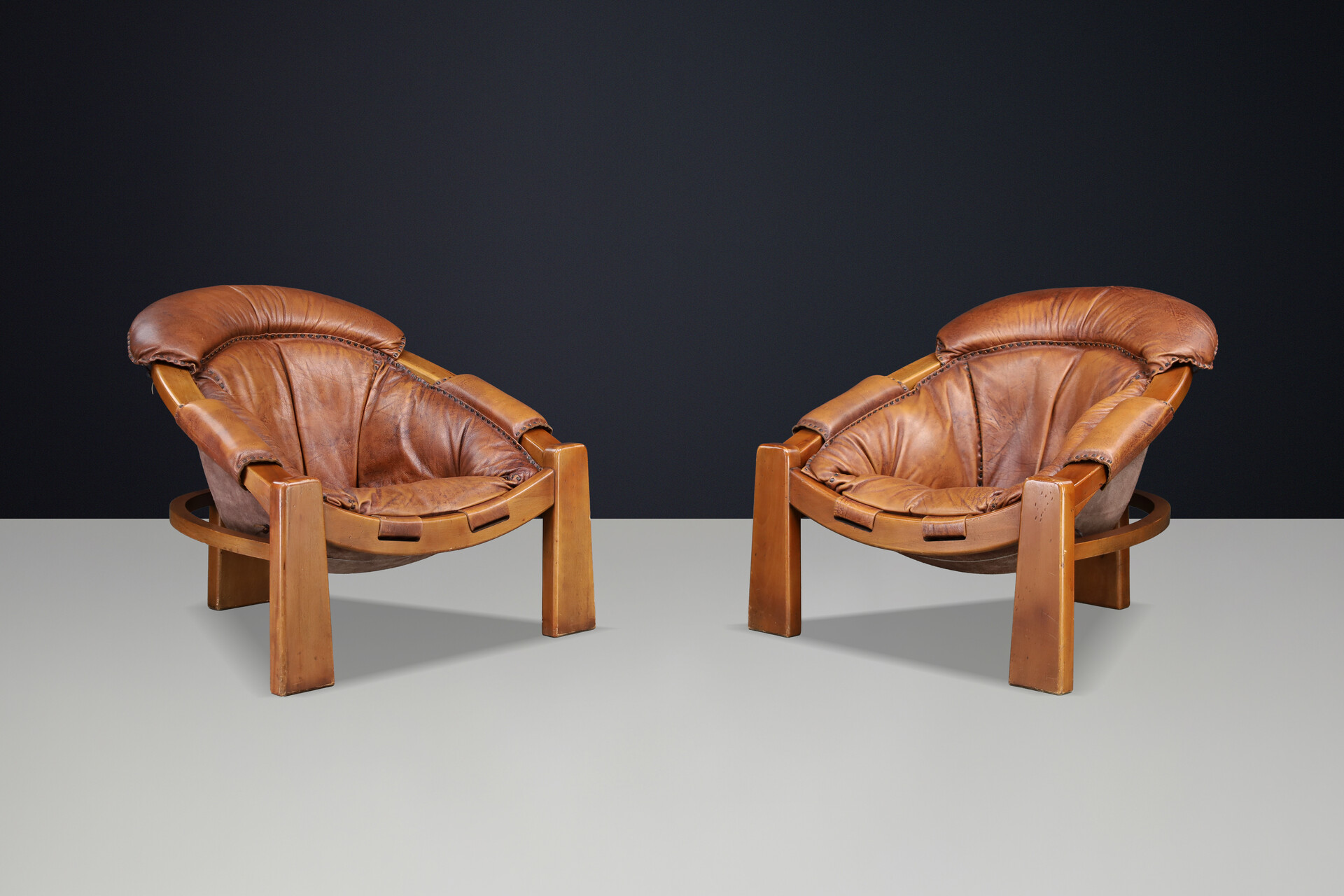 Luciano Frigerio Lounge Chairs in Cognac Leather and Stained Walnut 1970 Late-20th century