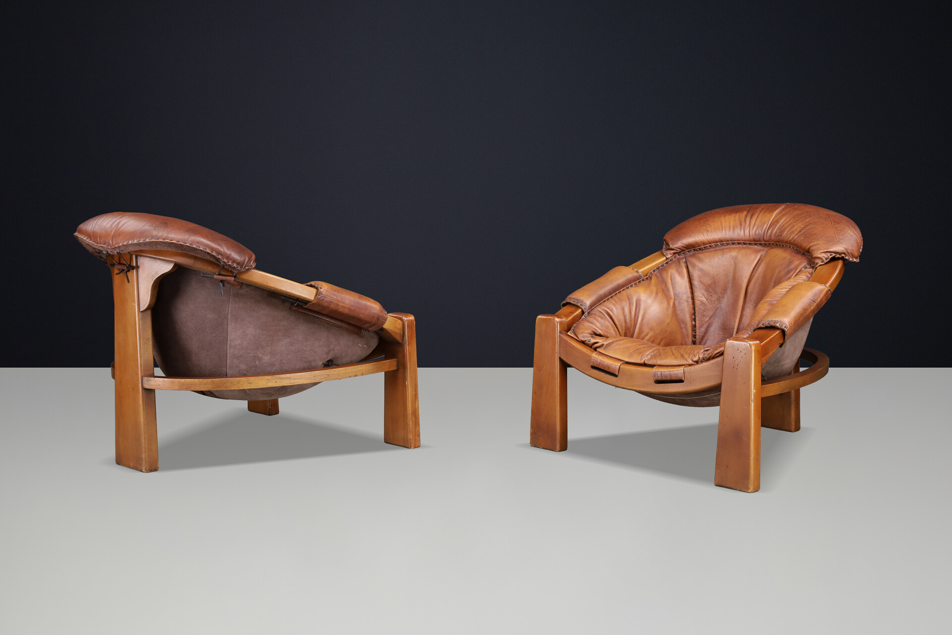 Luciano Frigerio Lounge Chairs in Cognac Leather and Stained Walnut 1970 Late-20th century