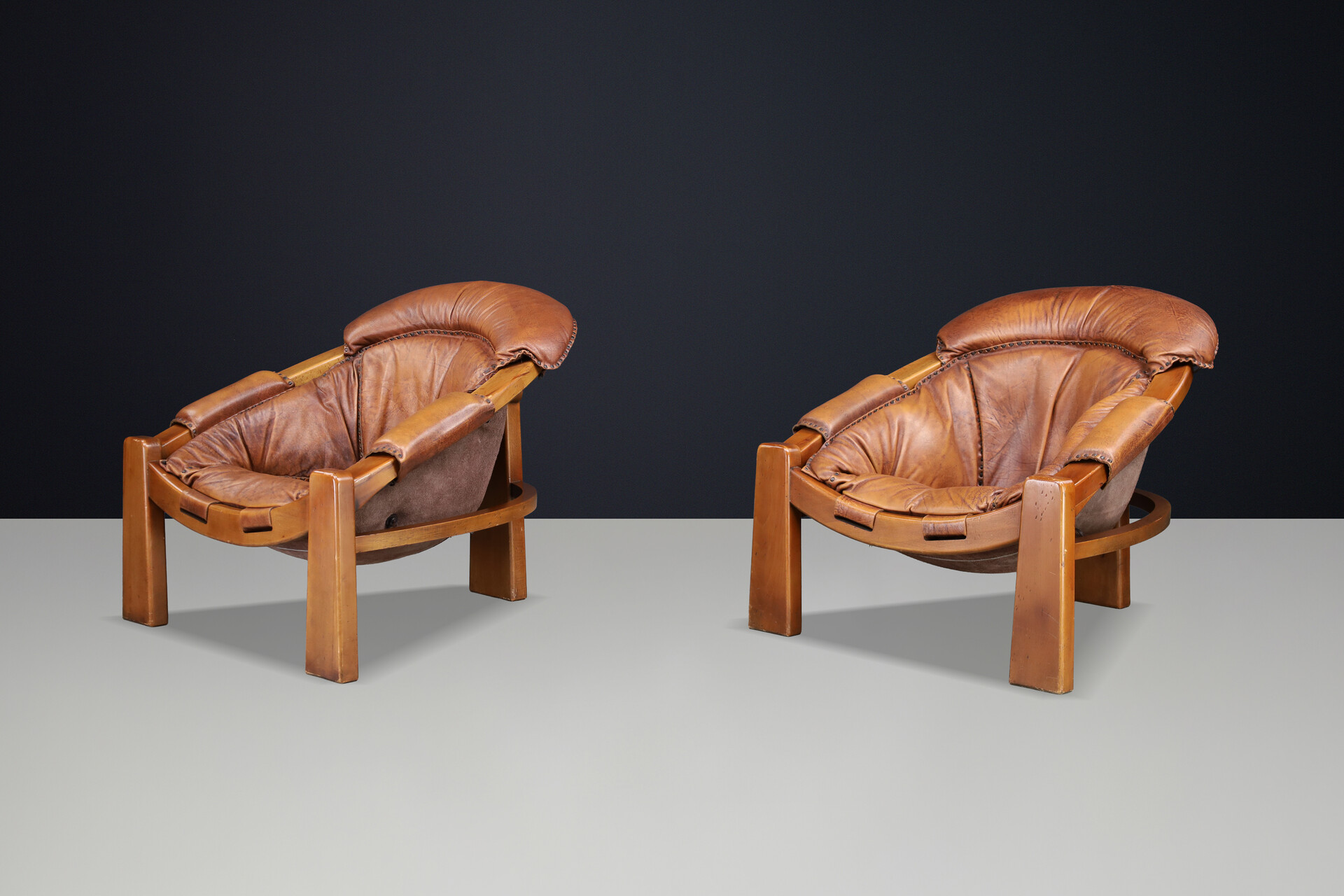 Luciano Frigerio Lounge Chairs in Cognac Leather and Stained Walnut 1970 Late-20th century