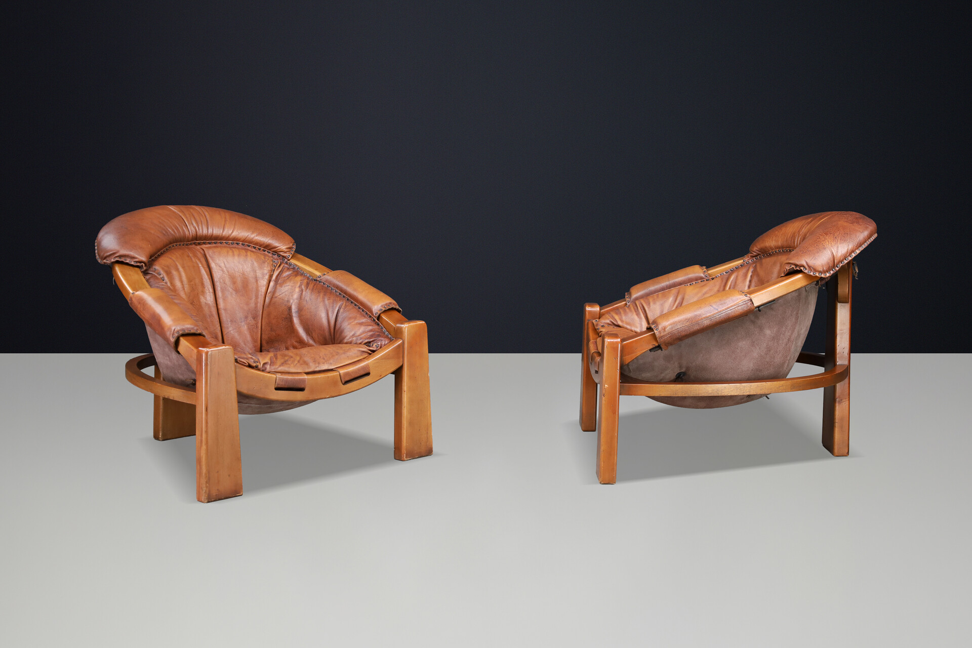 Luciano Frigerio Lounge Chairs in Cognac Leather and Stained Walnut 1970 Late-20th century
