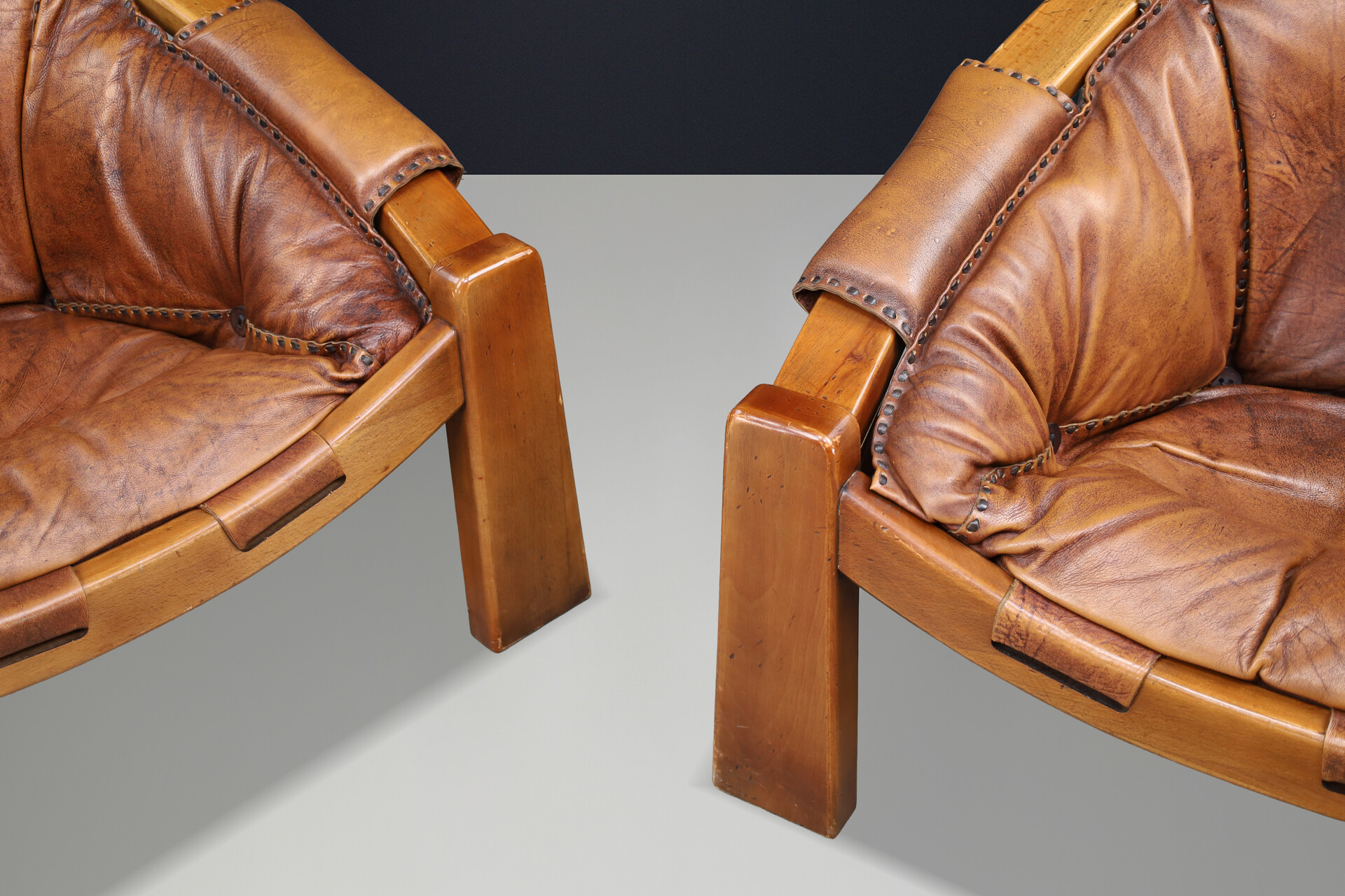 Luciano Frigerio Lounge Chairs in Cognac Leather and Stained Walnut 1970 Late-20th century