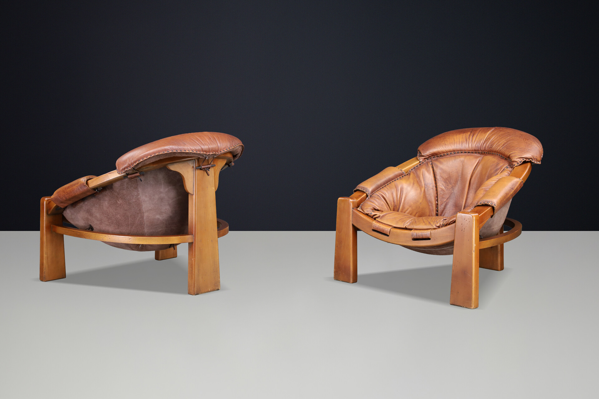 Luciano Frigerio Lounge Chairs in Cognac Leather and Stained Walnut 1970 Late-20th century