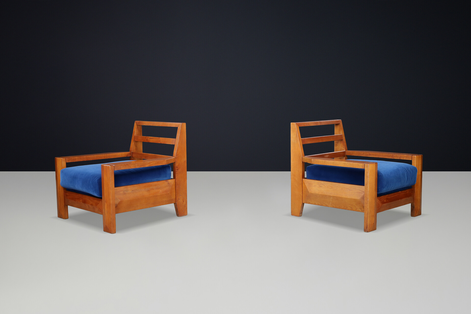 Maison Regain Elm Lounge Chairs with Blue Velvet Seat, France, 1970s Late-20th century