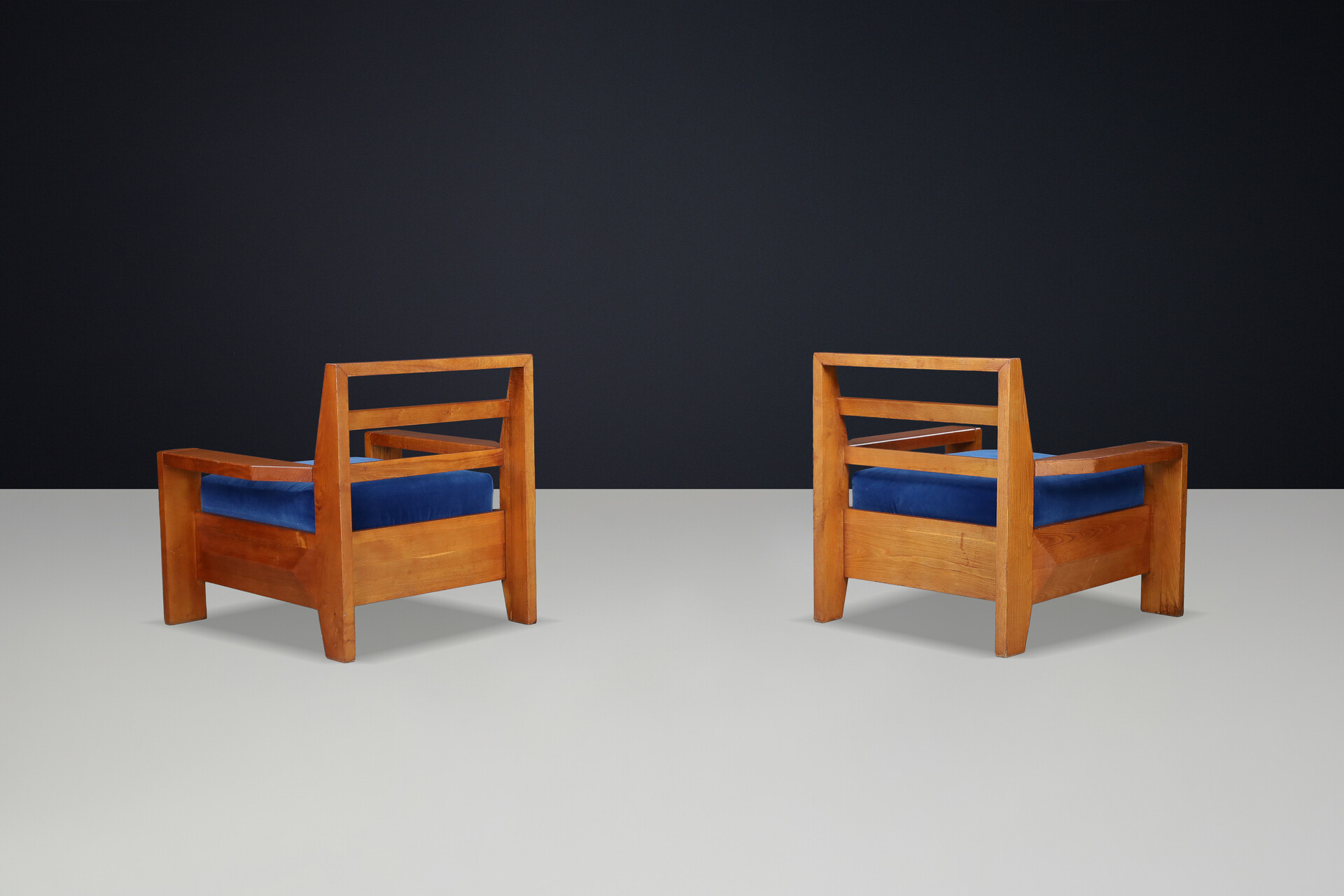Maison Regain Elm Lounge Chairs with Blue Velvet Seat, France, 1970s Late-20th century