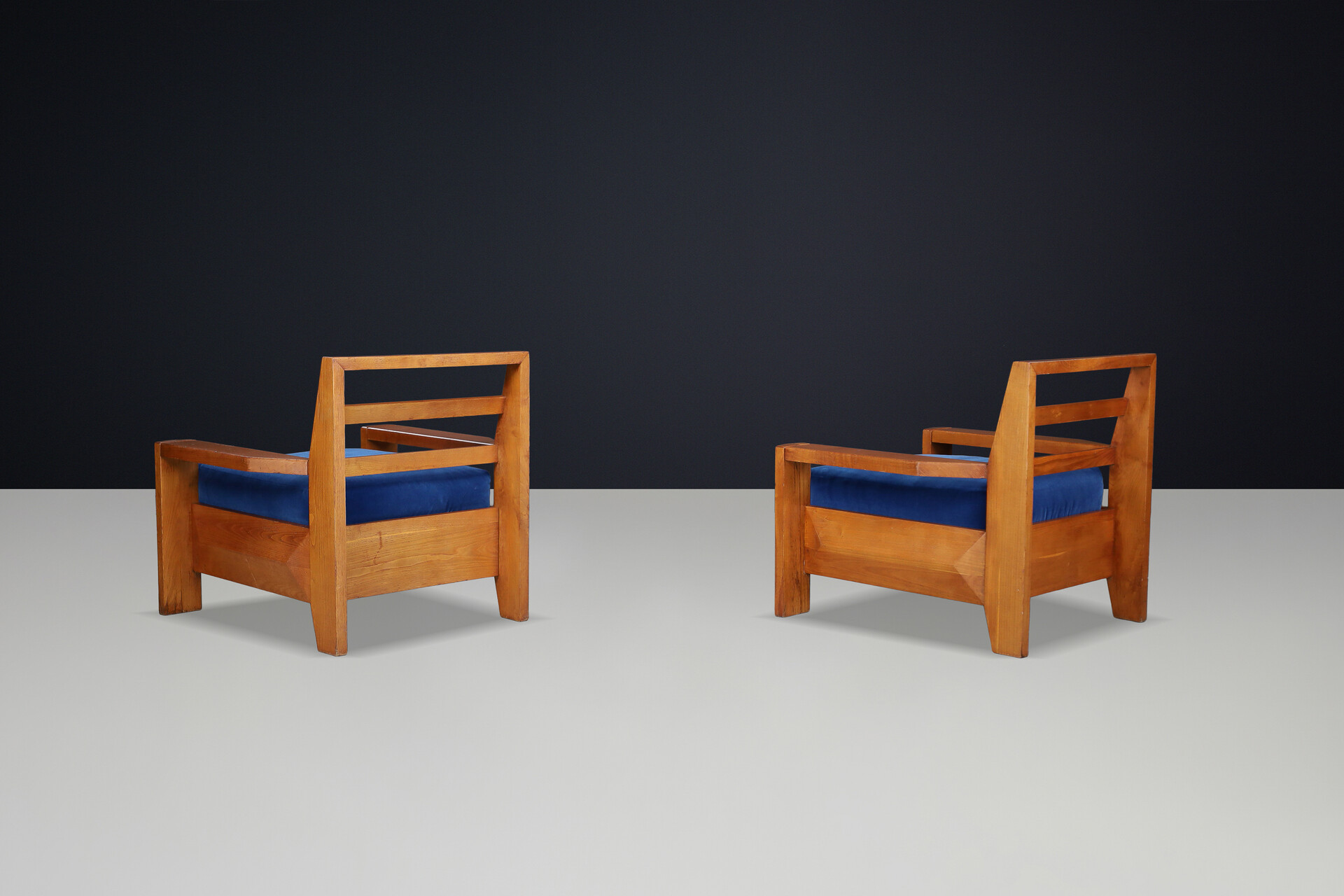 Maison Regain Elm Lounge Chairs with Blue Velvet Seat, France, 1970s Late-20th century