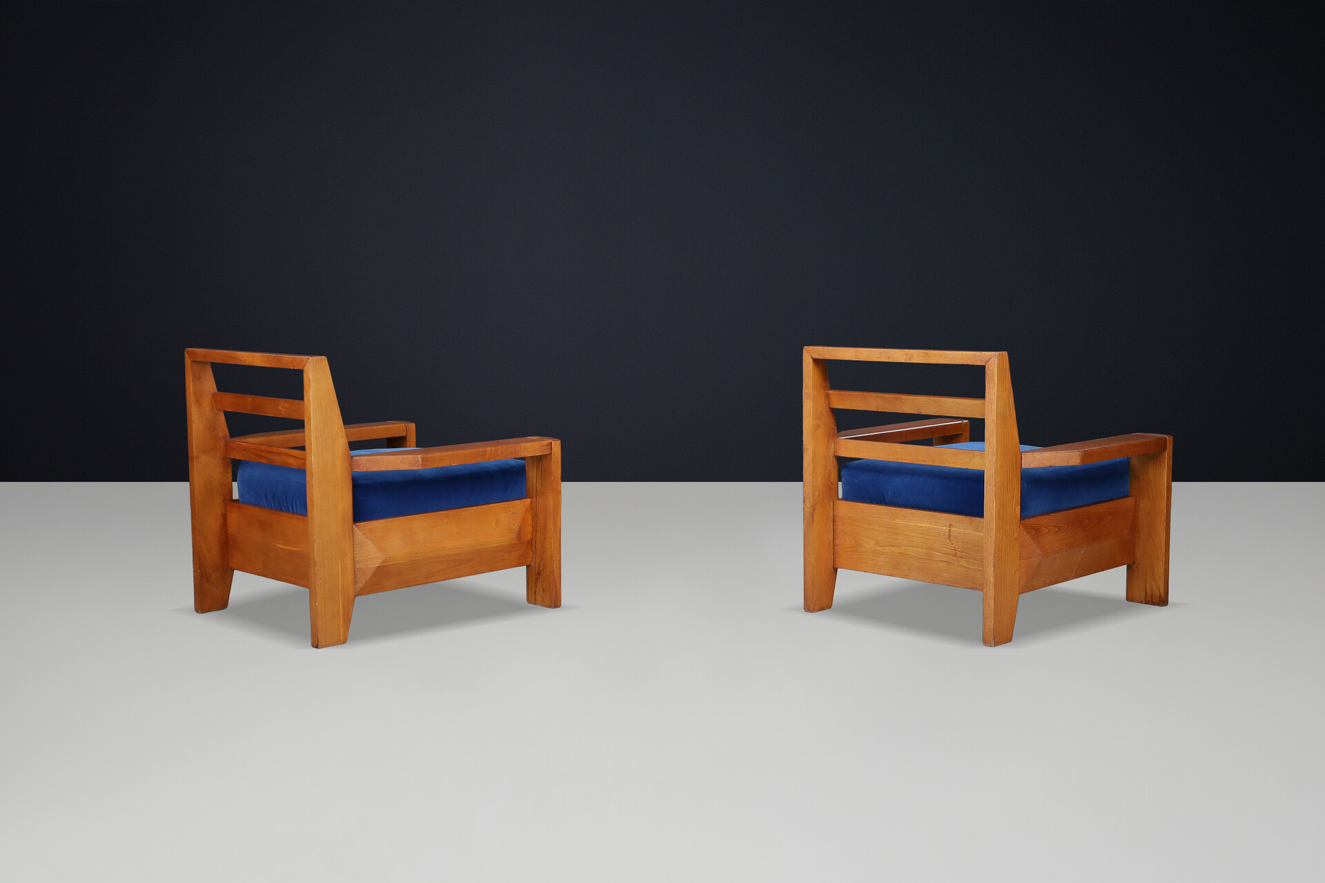 Maison Regain Elm Lounge Chairs with Blue Velvet Seat, France, 1970s Late-20th century