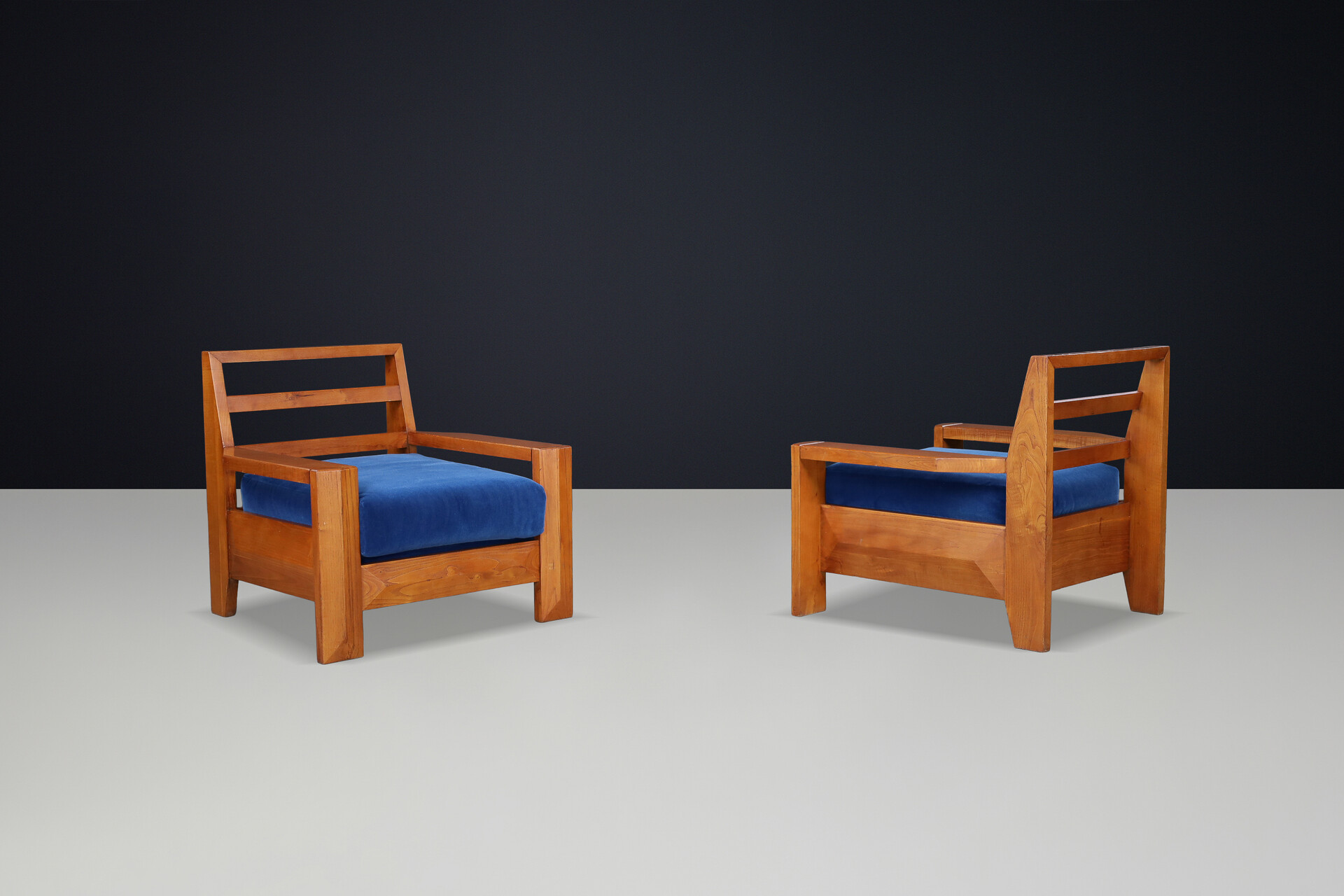 Maison Regain Elm Lounge Chairs with Blue Velvet Seat, France, 1970s Late-20th century