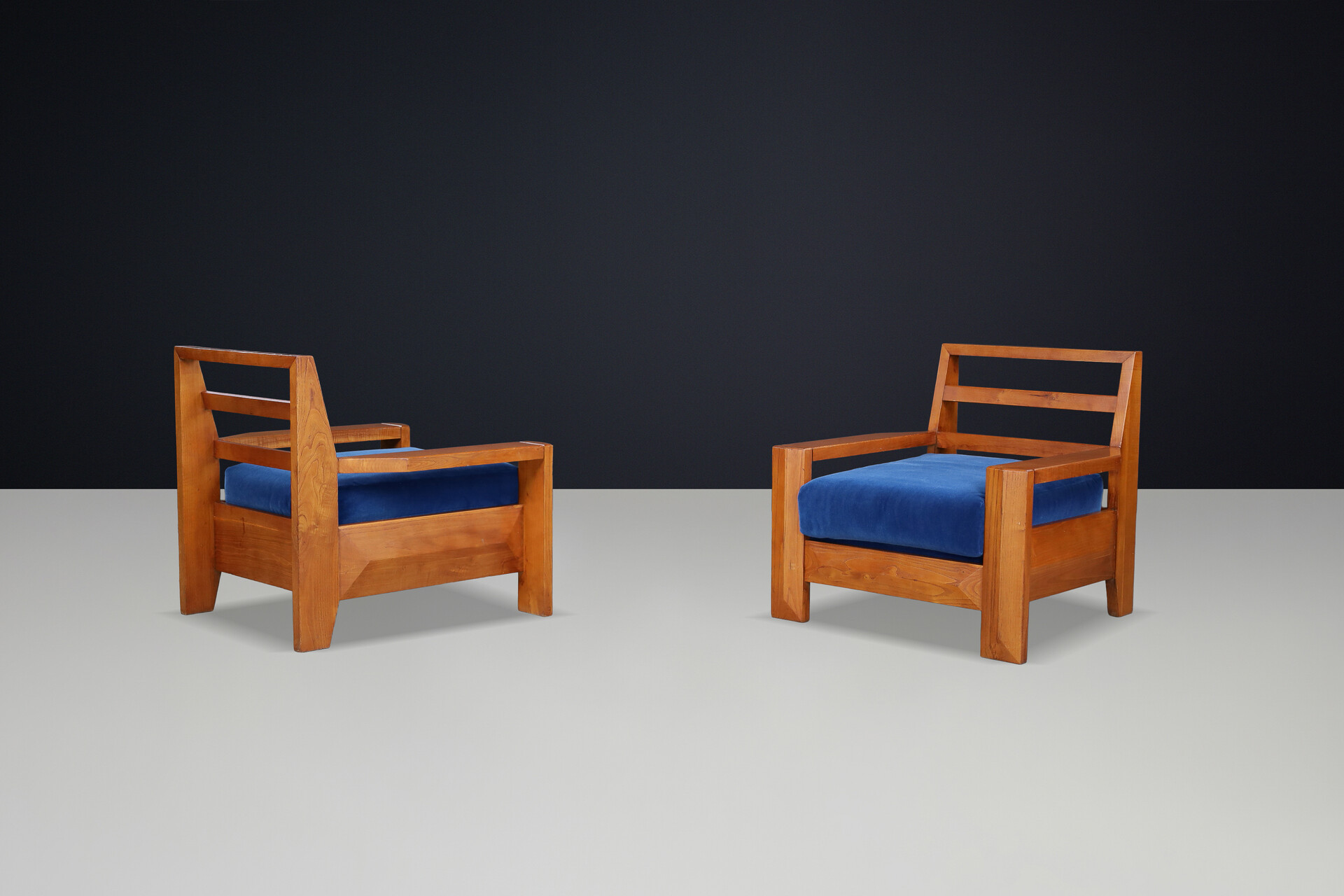 Maison Regain Elm Lounge Chairs with Blue Velvet Seat, France, 1970s Late-20th century