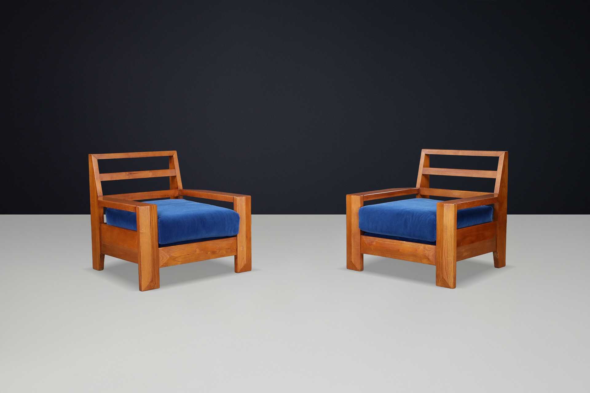 Maison Regain Elm Lounge Chairs with Blue Velvet Seat, France, 1970s Late-20th century