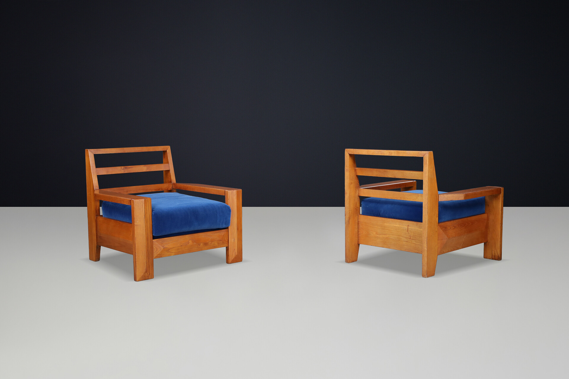 Maison Regain Elm Lounge Chairs with Blue Velvet Seat, France, 1970s Late-20th century