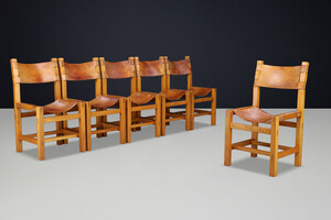Maison Regain Set of Six Elm & Patinated Cognac Leather Dining Chairs France 60s Mid-20th century