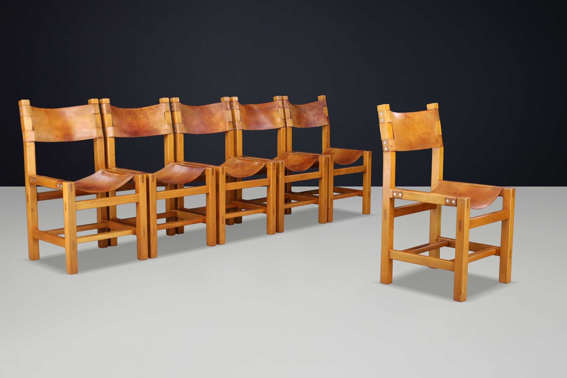 Maison Regain Set of Six Elm & Patinated Cognac Leather Dining Chairs France 60s Mid-20th century