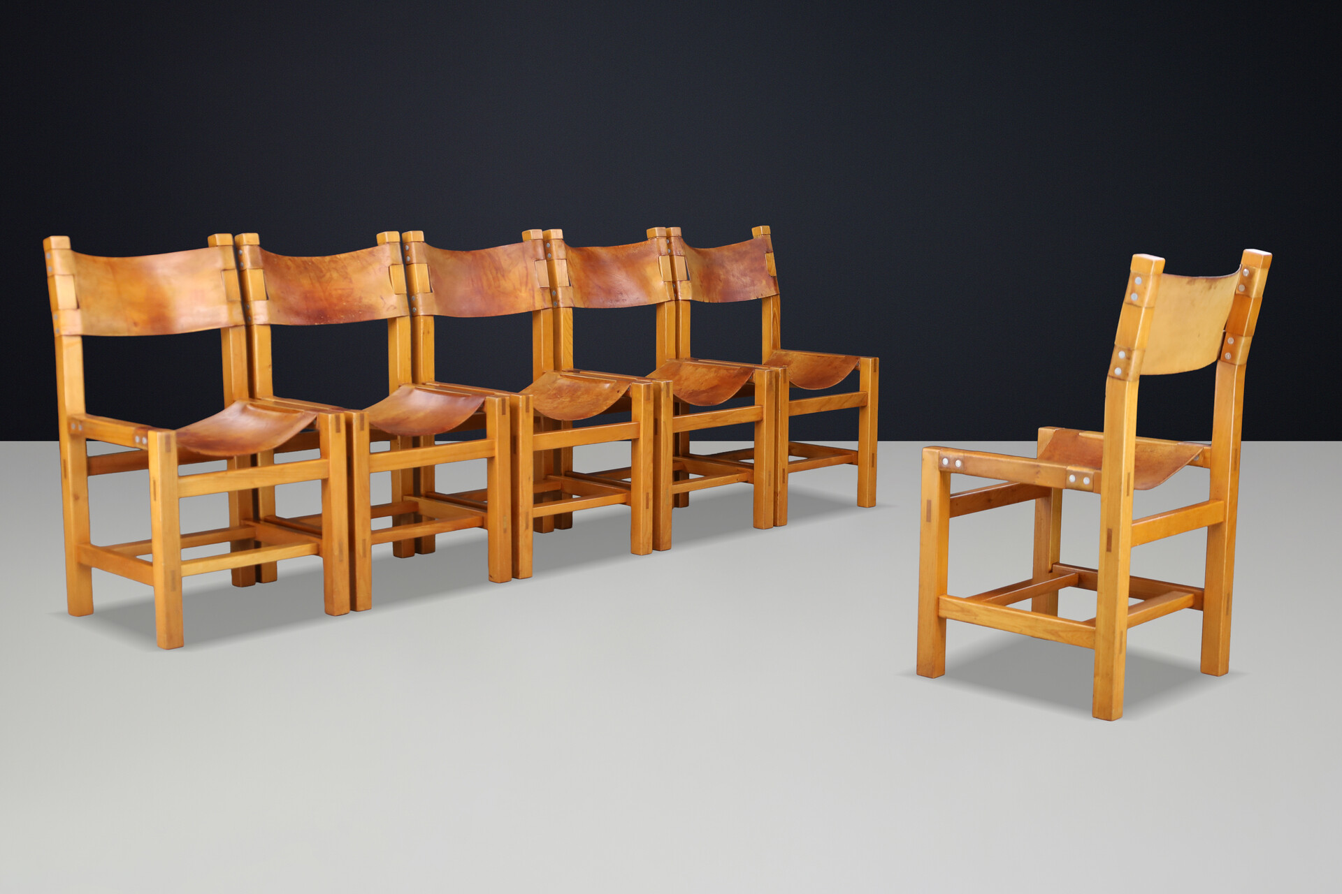 Maison Regain Set of Six Elm & Patinated Cognac Leather Dining Chairs France 60s Mid-20th century