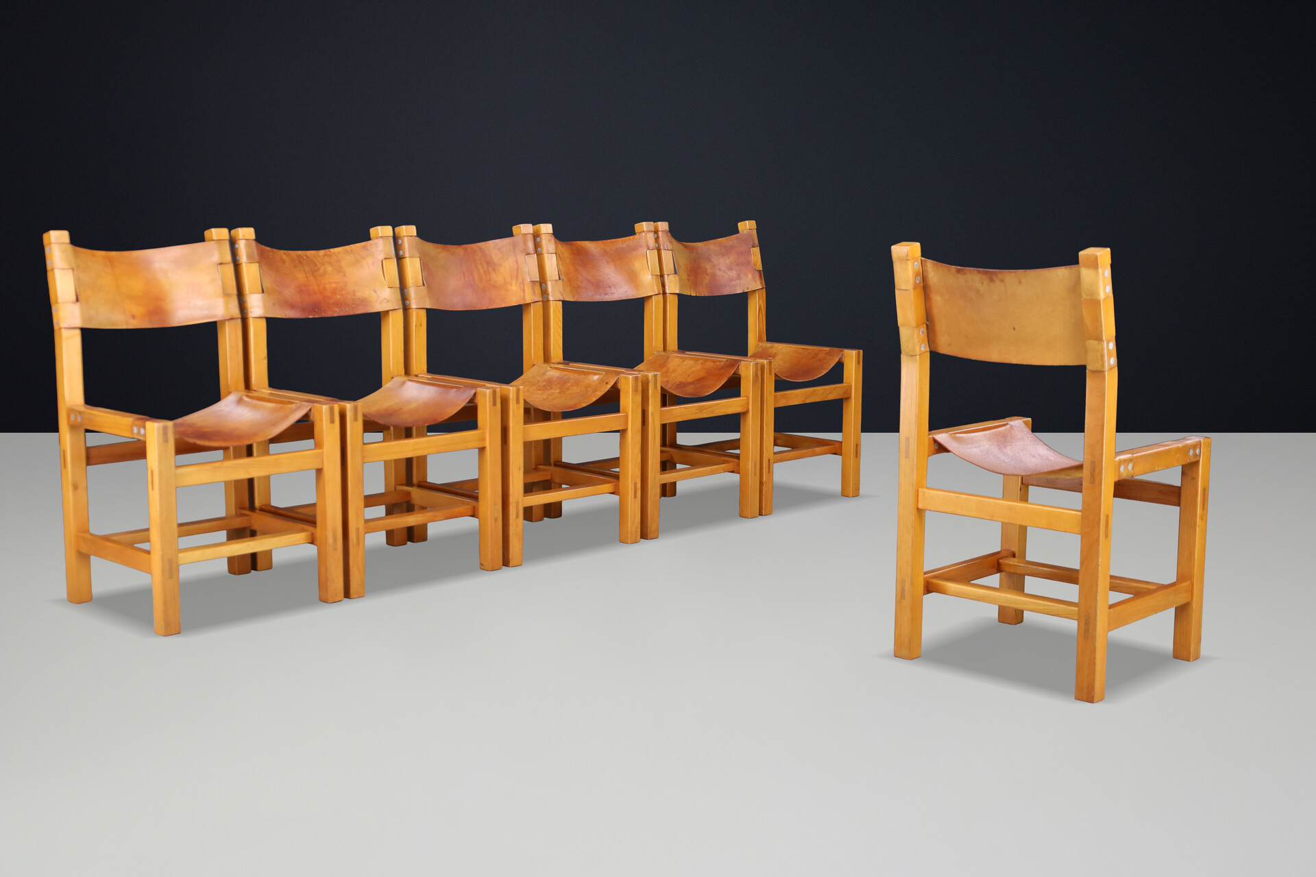Maison Regain Set of Six Elm & Patinated Cognac Leather Dining Chairs France 60s Mid-20th century