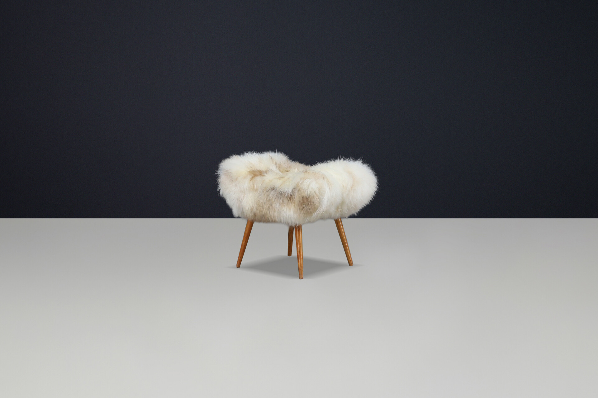 Mid-Century Czech Stool in Sheepskin with Beech Legs, 1950s Mid-20th century