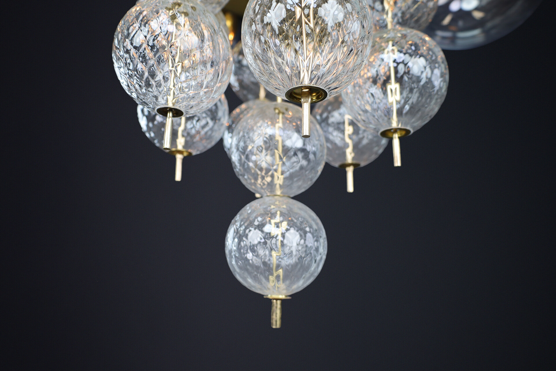 Mid century modern 1960s Czech Brass & Clear Bohemian Glass Chandelier Mid-20th century