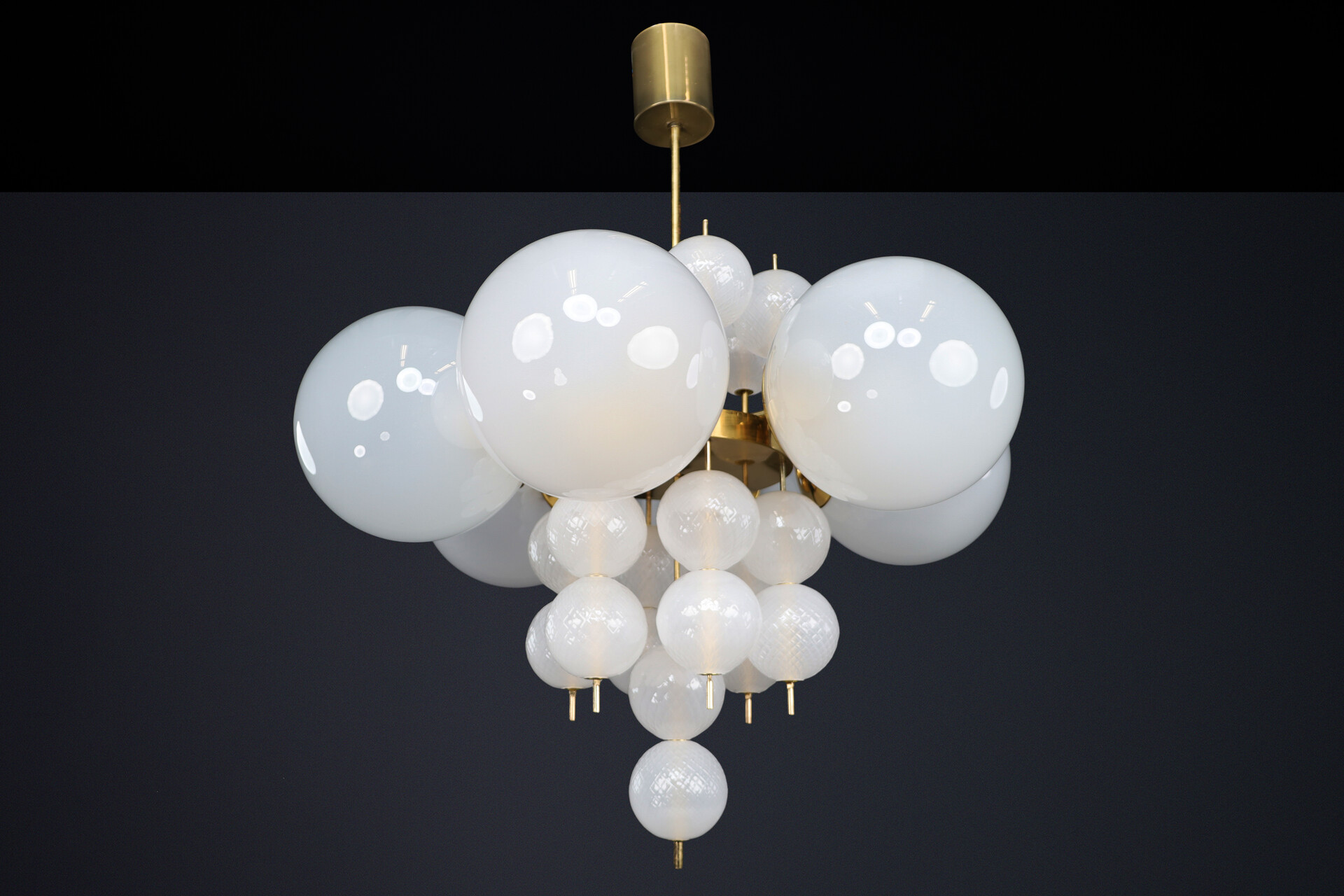 Mid century modern 1960s Czech Brass & Frosted Glass Globe Chandelier Mid-20th century