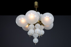 Mid century modern 1960s Czech Brass & Frosted Glass Globe Chandelier Mid-20th century