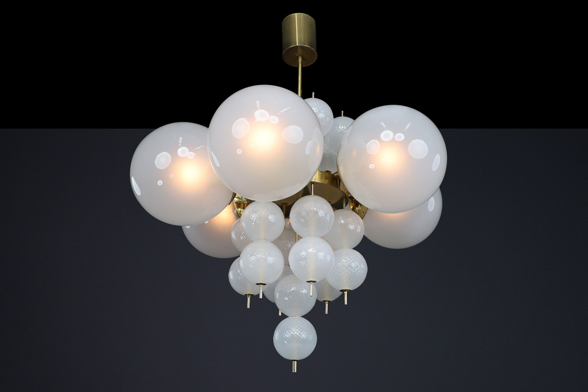 Mid century modern 1960s Czech Brass & Frosted Glass Globe Chandelier Mid-20th century