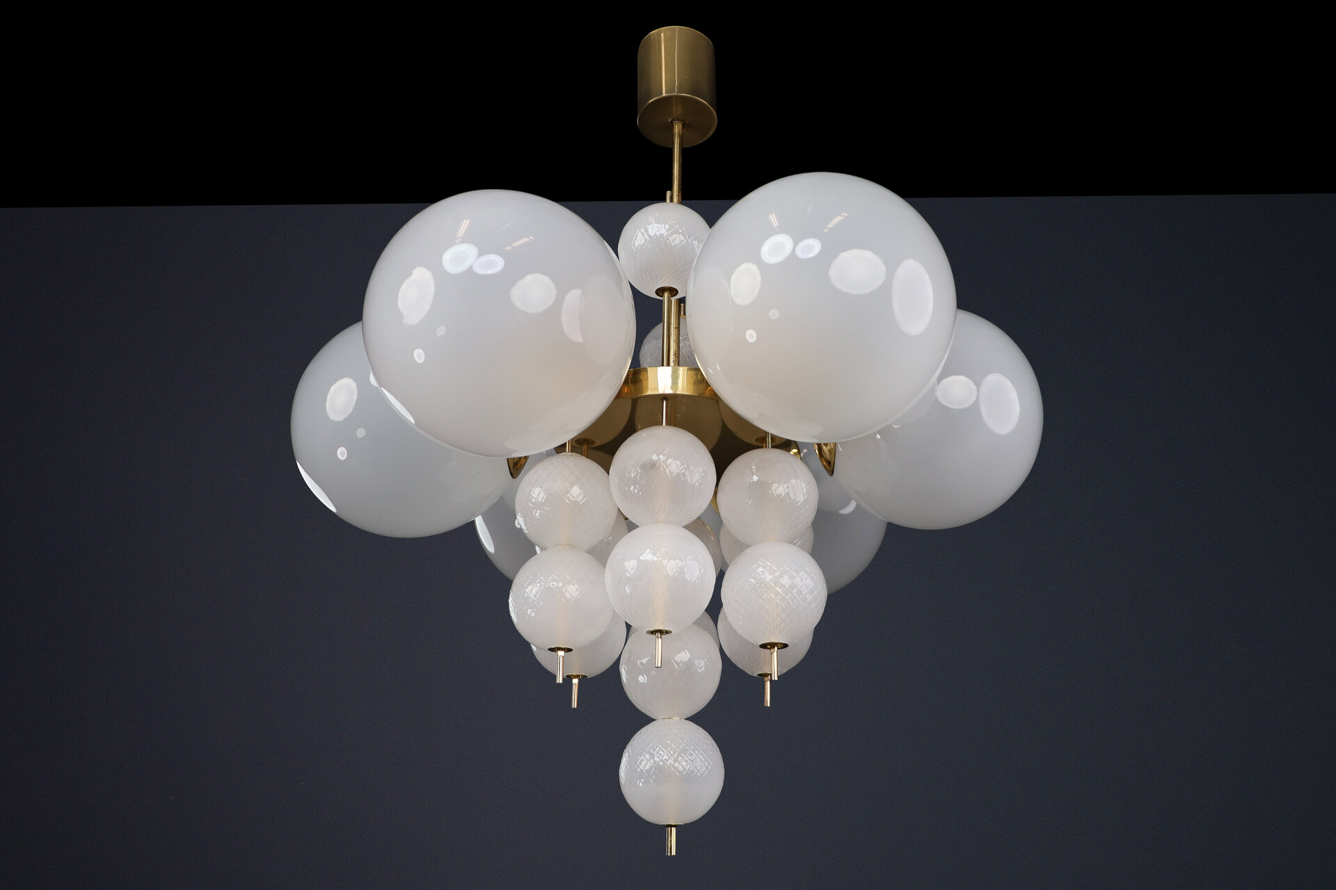 Mid century modern 1960s Czech Brass & Frosted Glass Globe Chandelier Mid-20th century