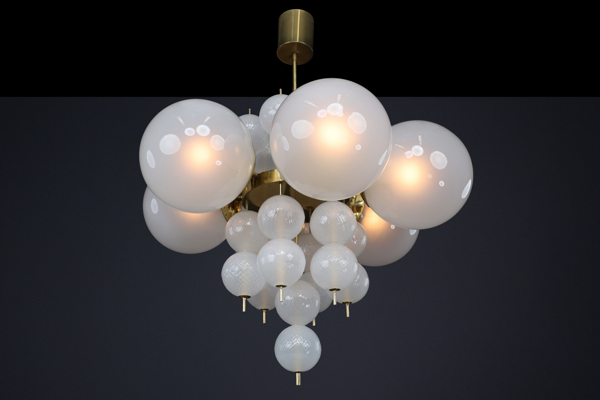 Mid century modern 1960s Czech Brass & Frosted Glass Globe Chandelier Mid-20th century