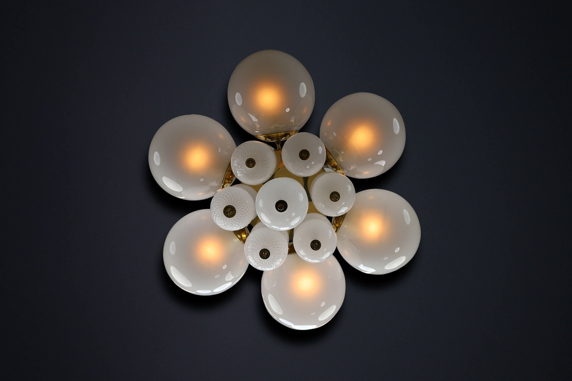 Mid century modern 1960s Czech Brass & Frosted Glass Globe Chandelier Mid-20th century