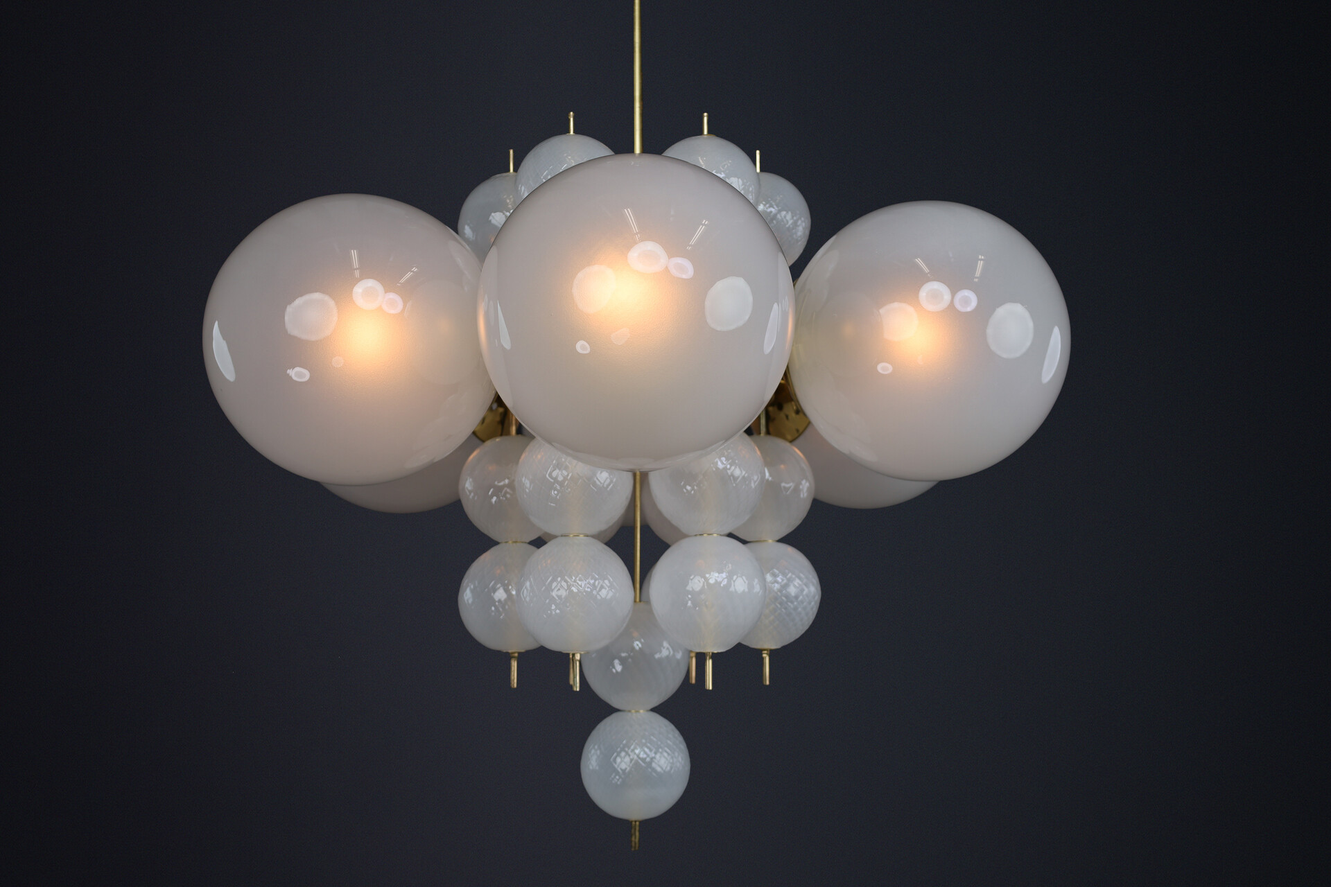 Mid century modern 1960s Czech Brass & Frosted Glass Globe Chandelier Mid-20th century