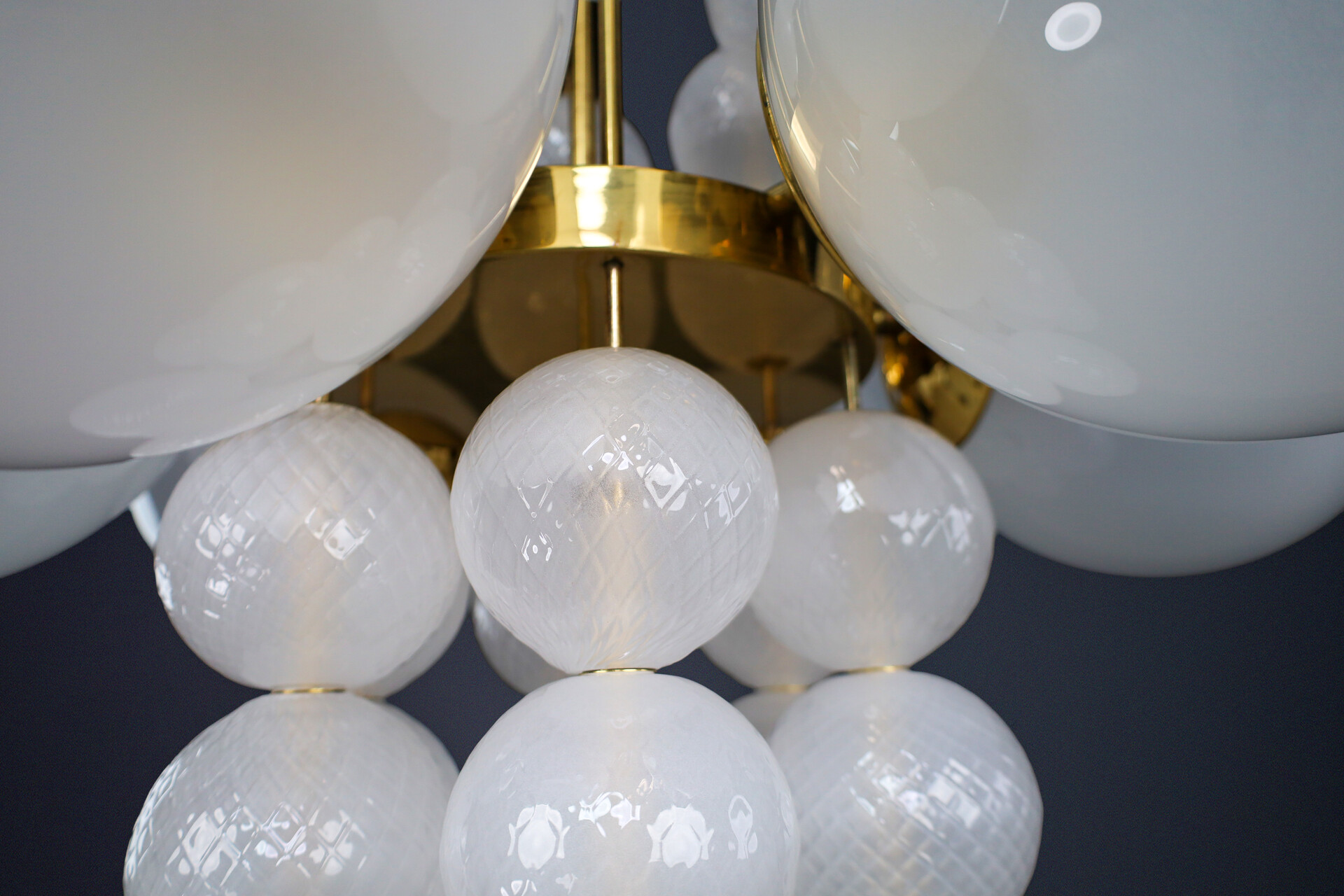 Mid century modern 1960s Czech Brass & Frosted Glass Globe Chandelier Mid-20th century