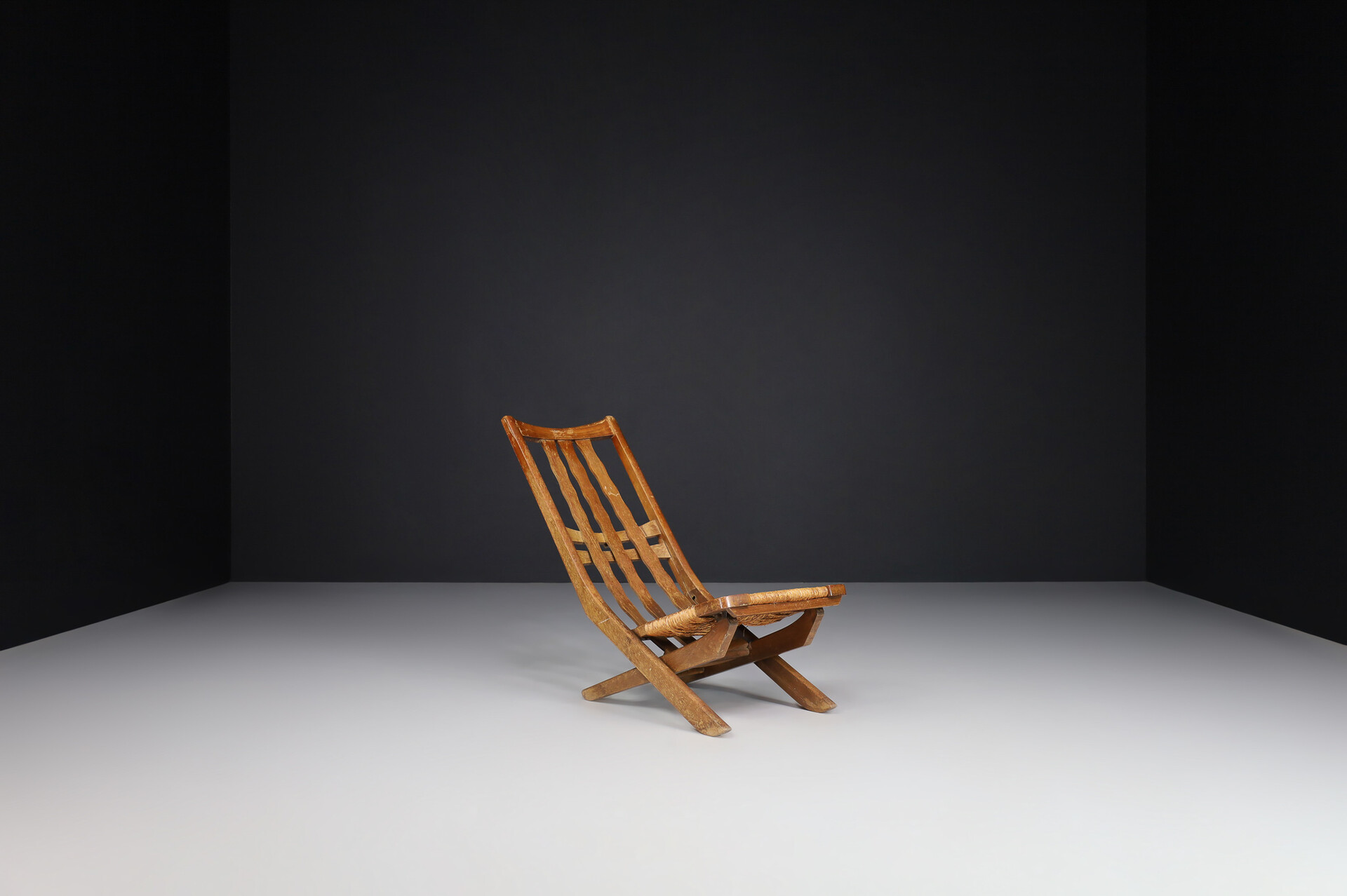 Mid century modern Adjustable Lounge Chairs In Oak And Wicker Seats , France 1950s Mid-20th century