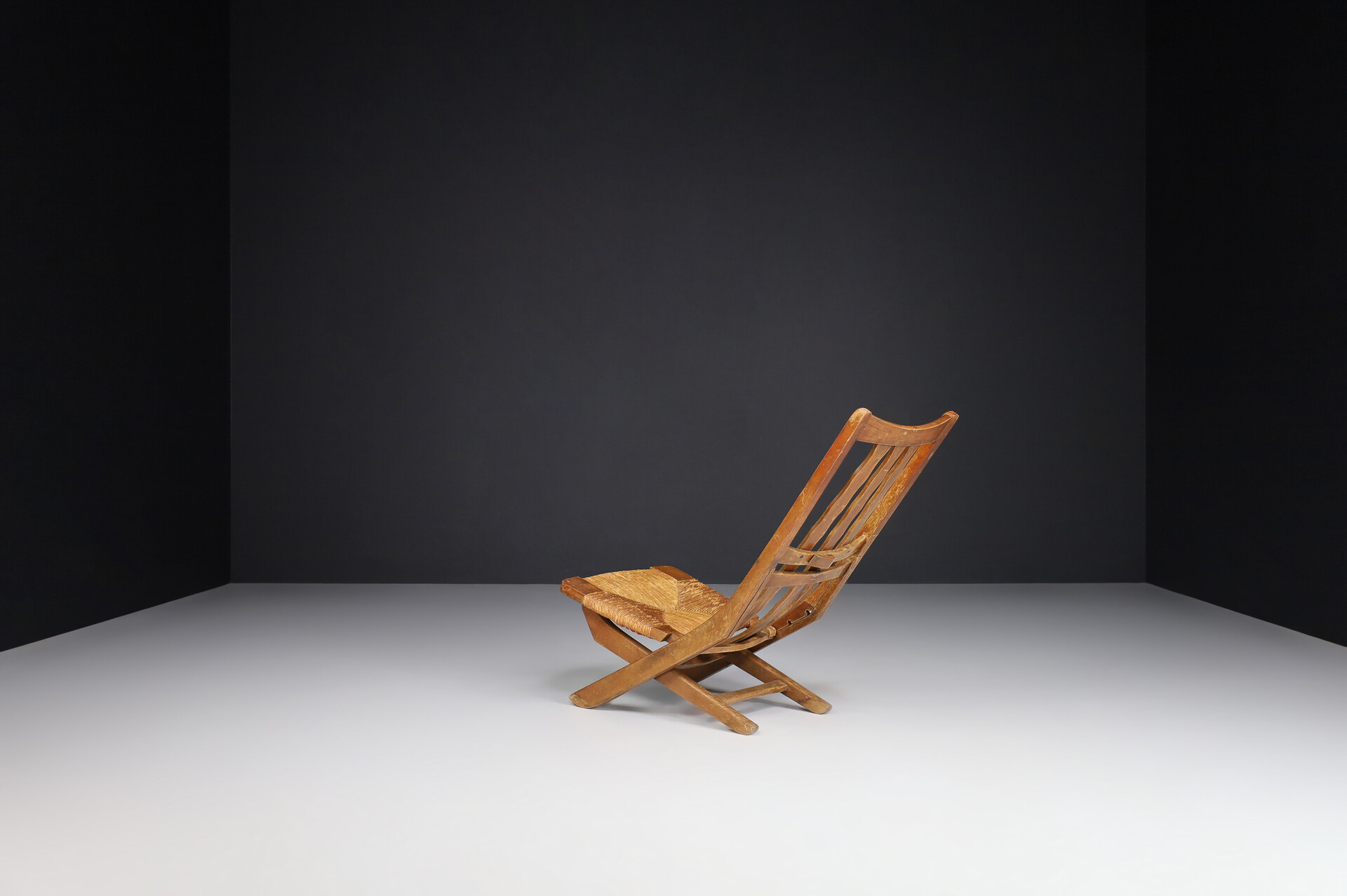 Mid century modern Adjustable Lounge Chairs In Oak And Wicker Seats , France 1950s Mid-20th century