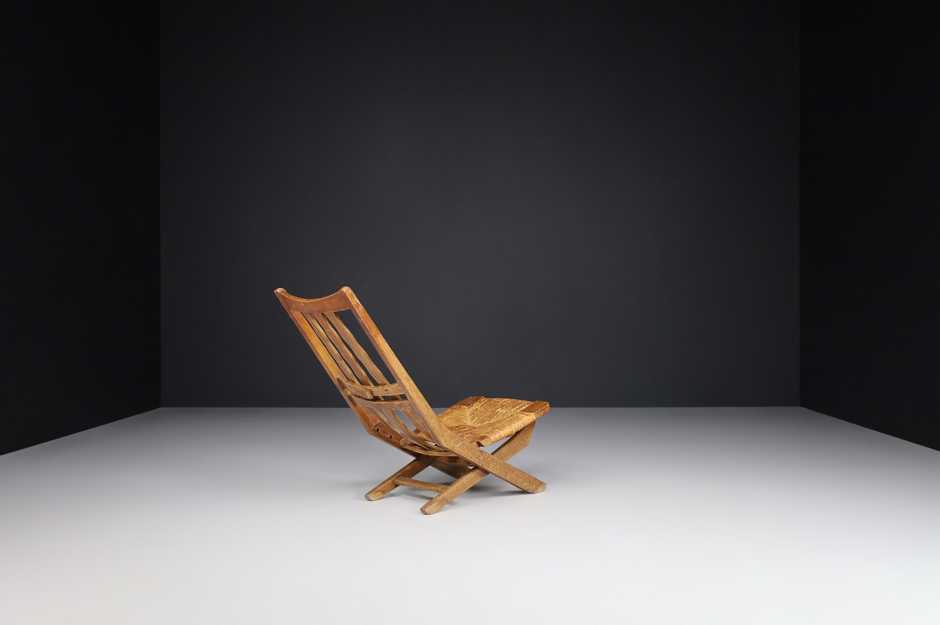 Mid century modern Adjustable Lounge Chairs In Oak And Wicker Seats , France 1950s Mid-20th century