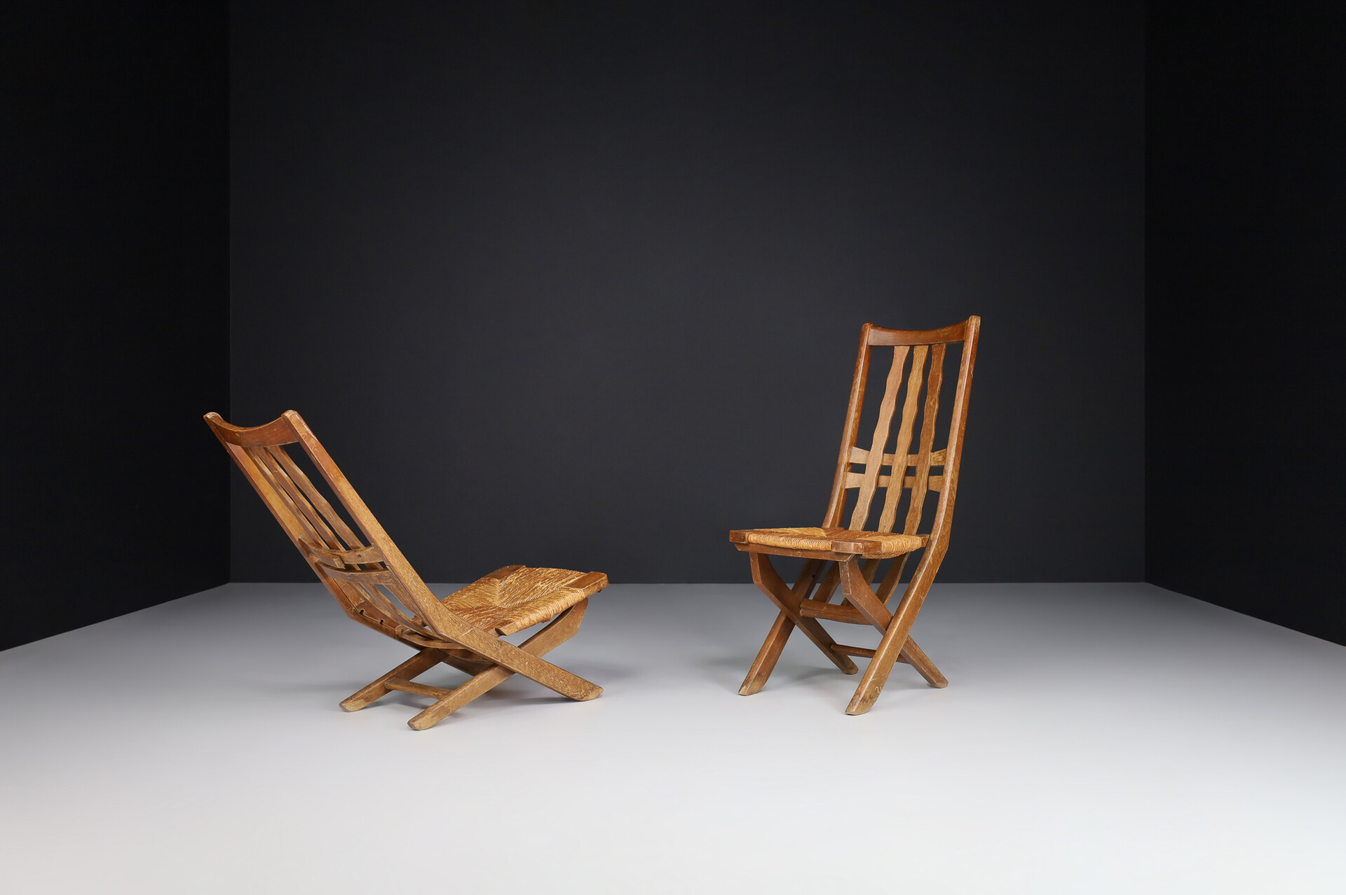 Mid century modern Adjustable Lounge Chairs In Oak And Wicker Seats , France 1950s Mid-20th century
