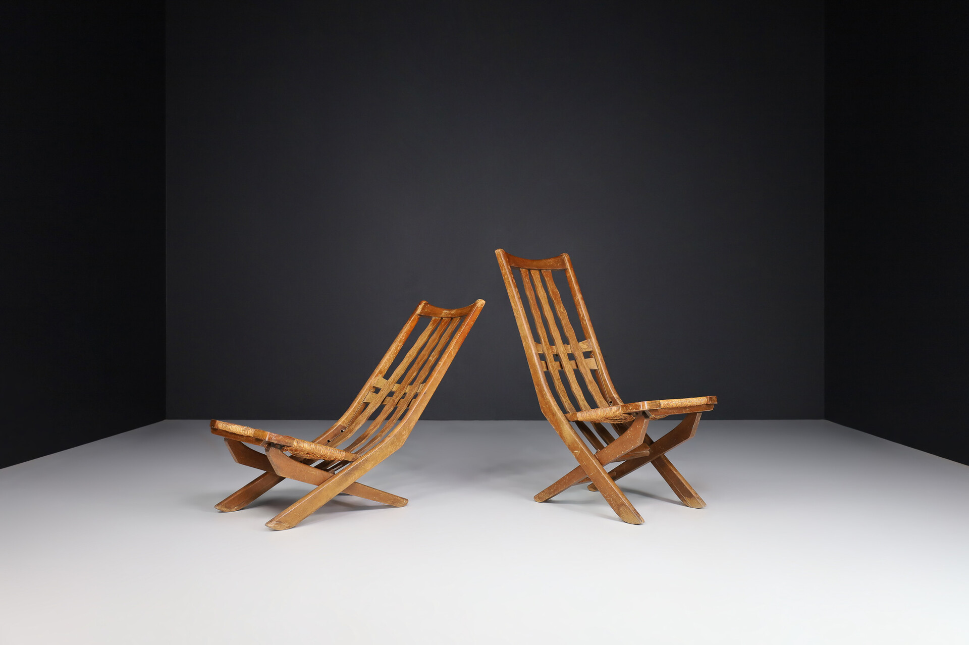 Mid century modern Adjustable Lounge Chairs In Oak And Wicker Seats , France 1950s Mid-20th century