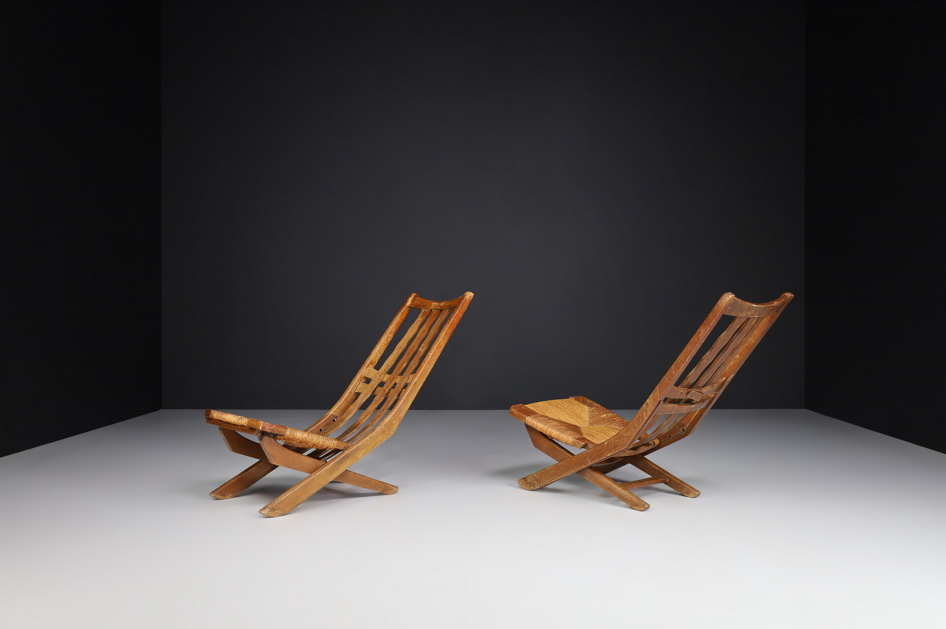 Mid century modern Adjustable Lounge Chairs In Oak And Wicker Seats , France 1950s Mid-20th century