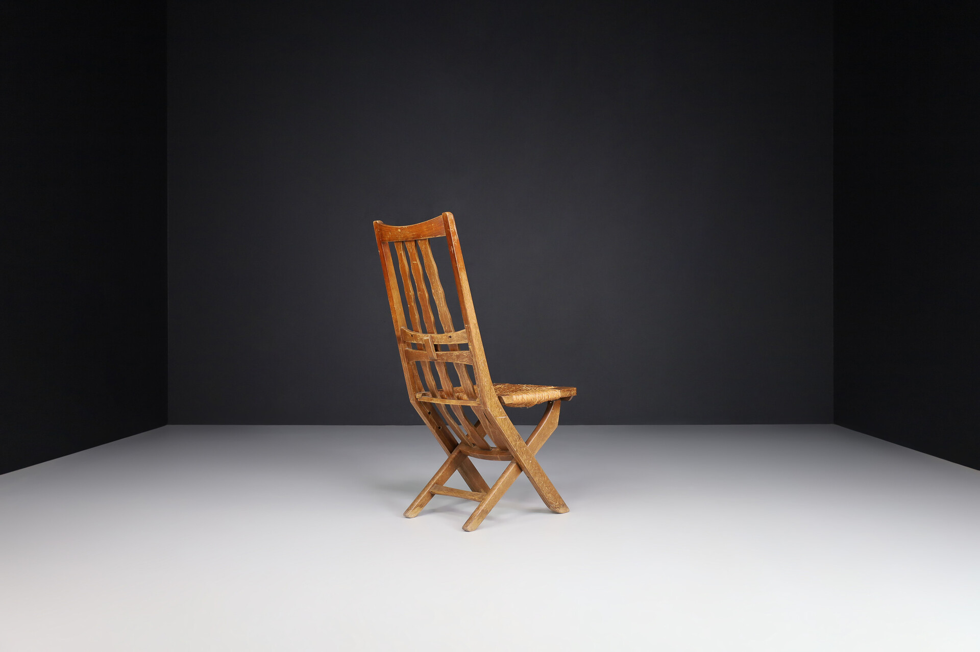 Mid century modern Adjustable Lounge Chairs In Oak And Wicker Seats , France 1950s Mid-20th century