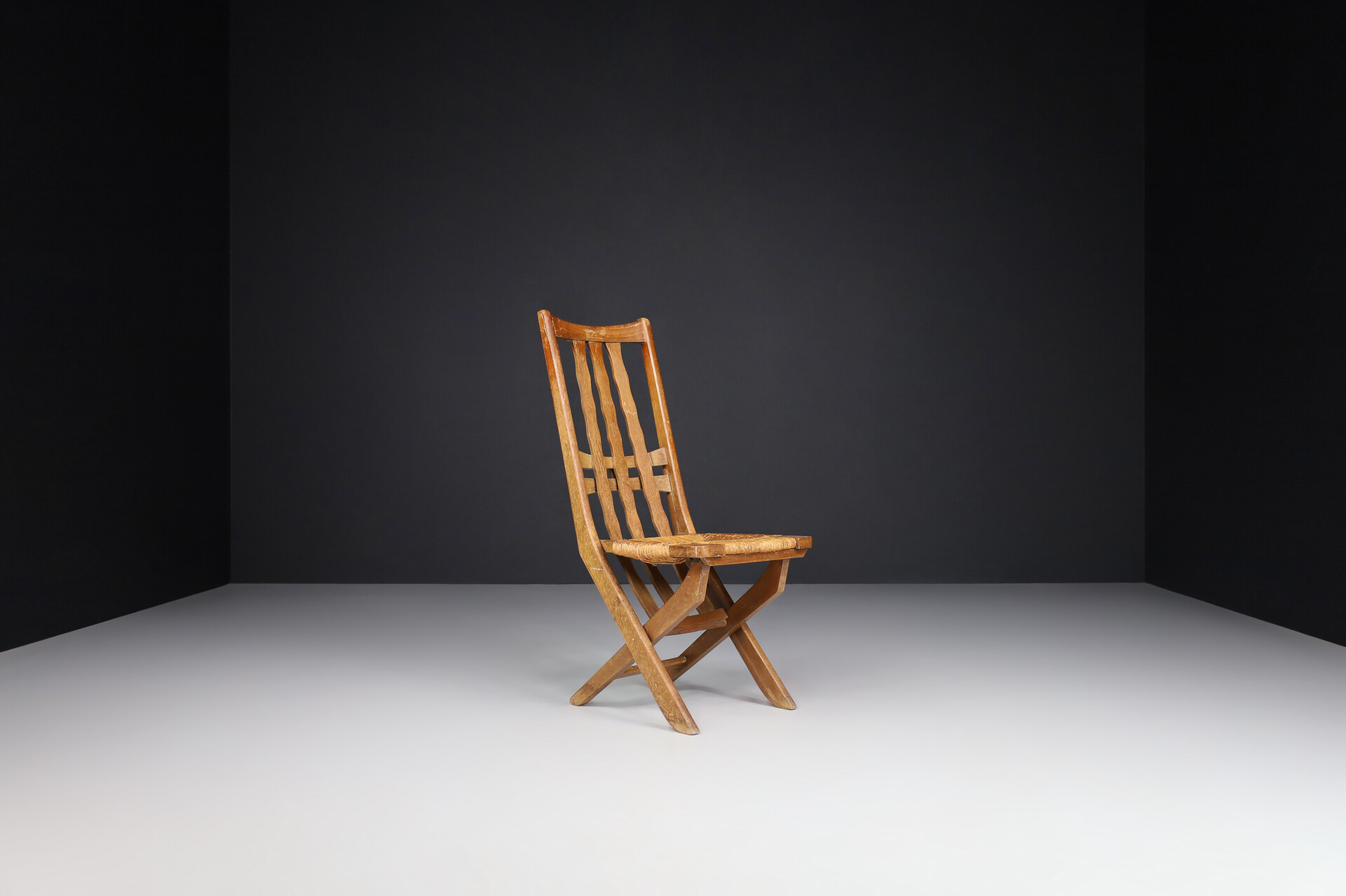 Mid century modern Adjustable Lounge Chairs In Oak And Wicker Seats , France 1950s Mid-20th century