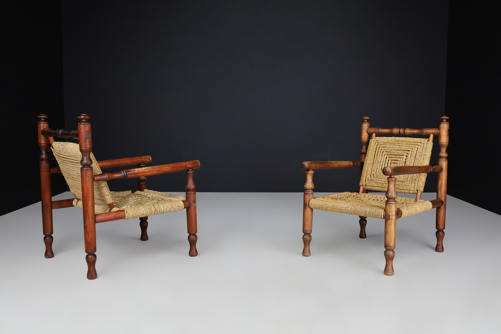 Mid century modern Adrien Audoux and Frida Minet beech and rope Lounge Chairs set/2, France 1950 Mid-20th century