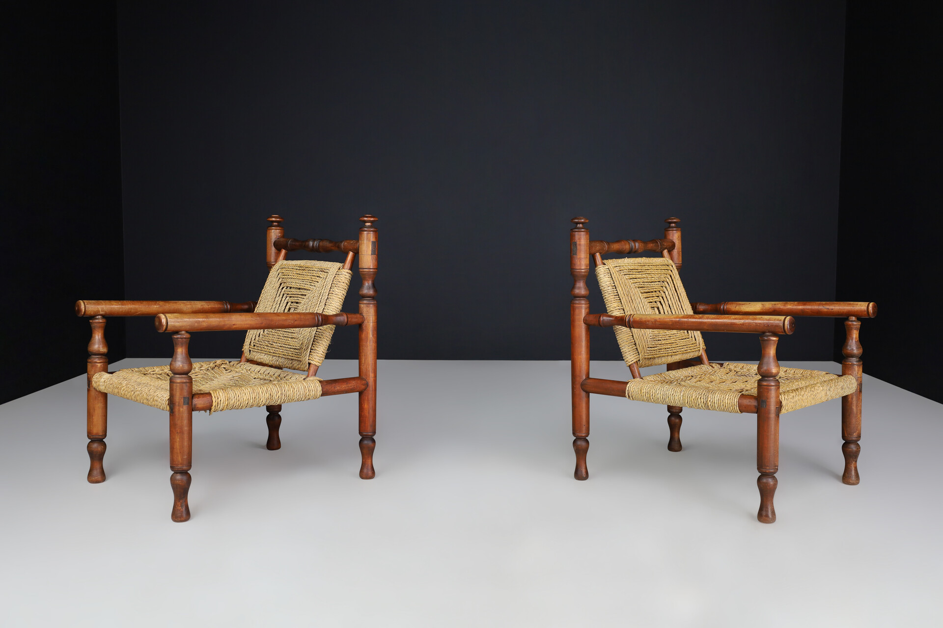 Mid century modern Adrien Audoux and Frida Minet beech and rope Lounge Chairs set/2, France 1950 Mid-20th century