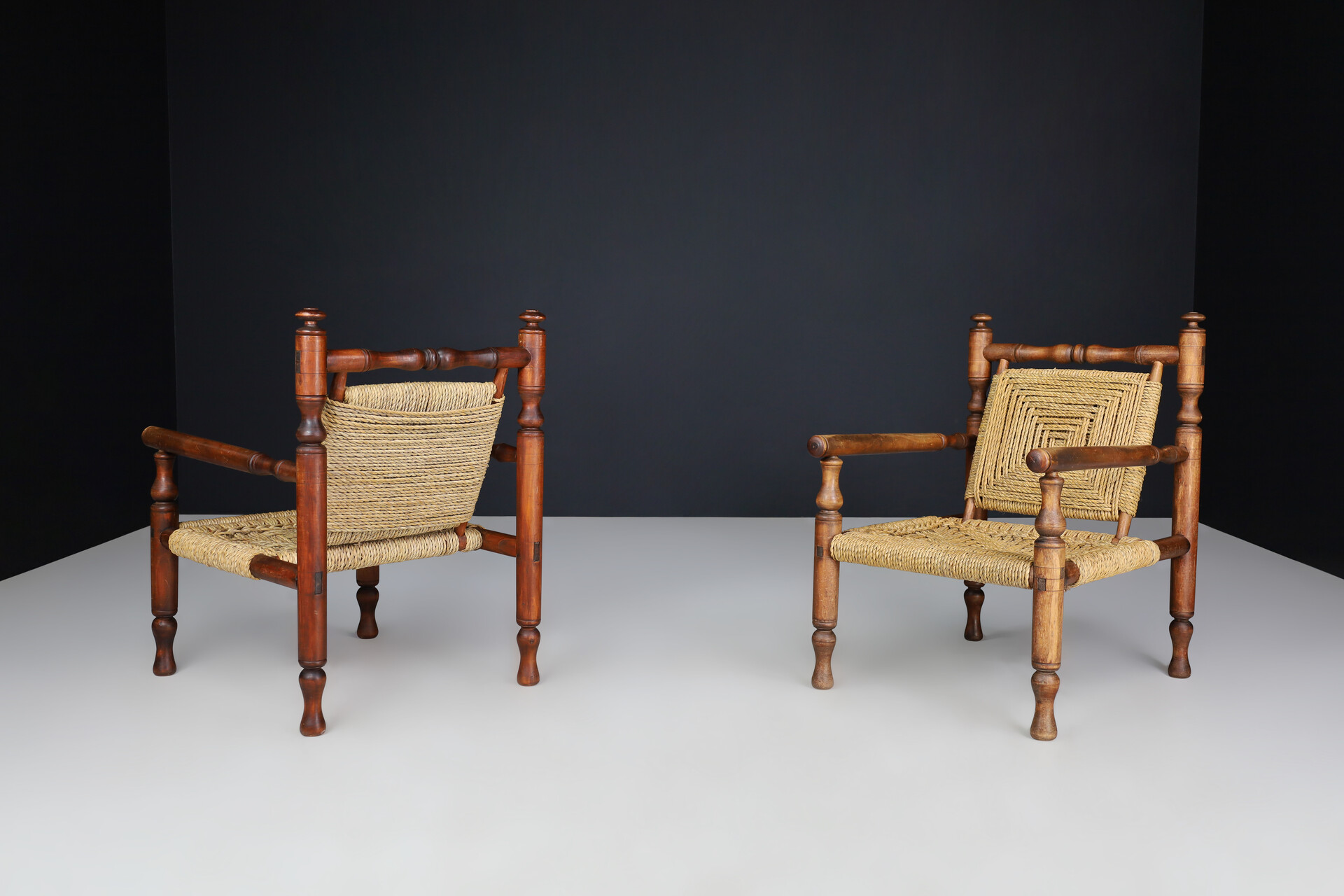 Mid century modern Adrien Audoux and Frida Minet beech and rope Lounge Chairs set/2, France 1950 Mid-20th century
