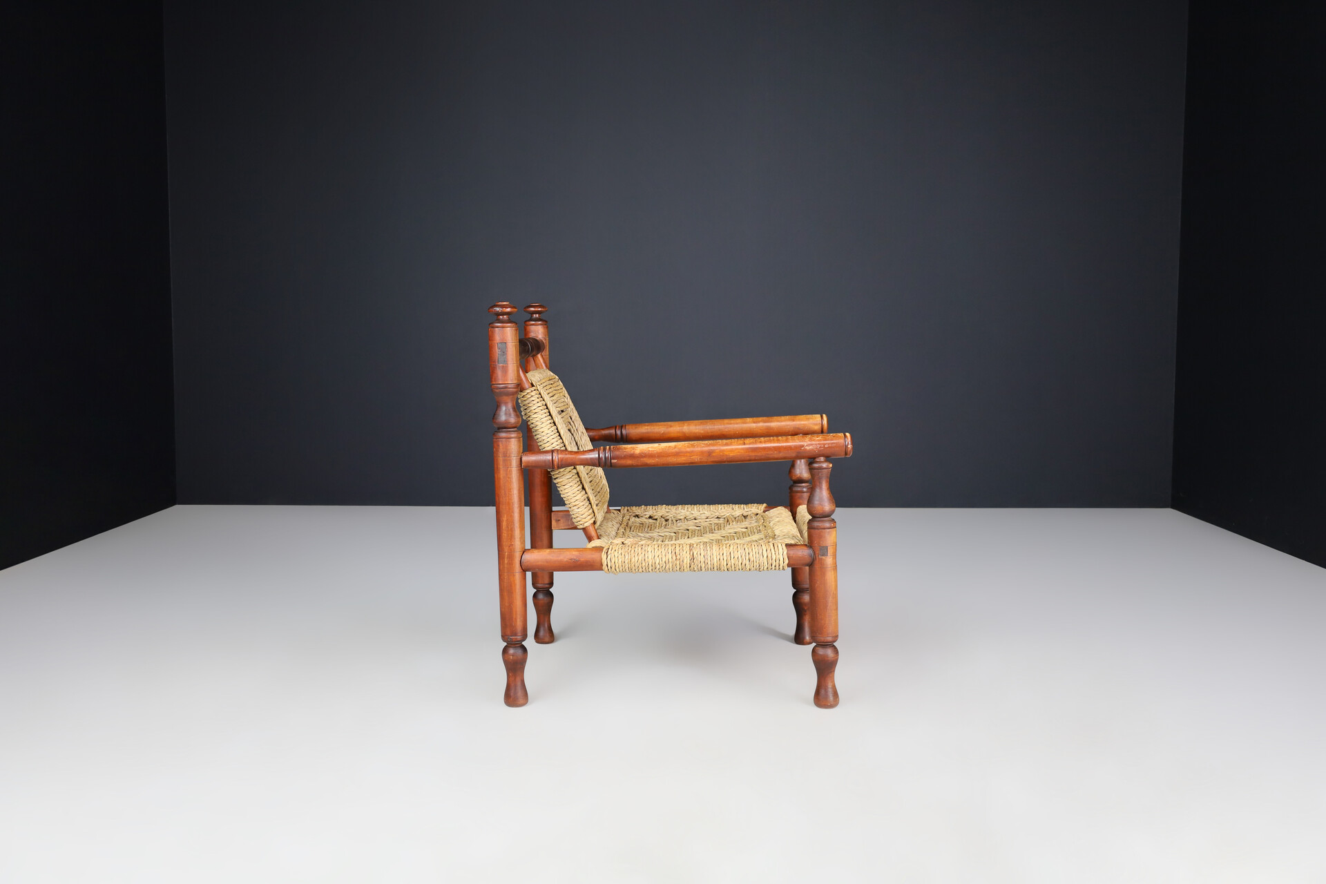 Mid century modern Adrien Audoux and Frida Minet beech and rope Lounge Chairs set/2, France 1950 Mid-20th century