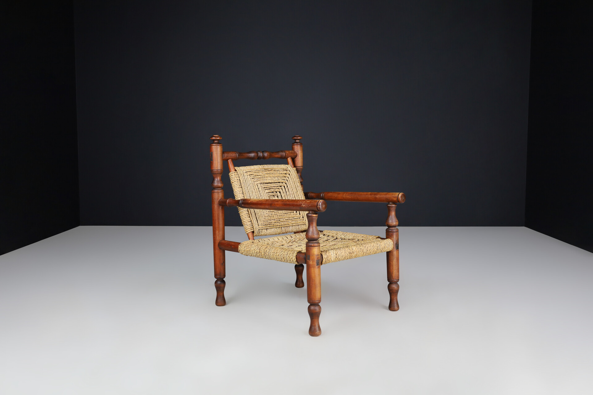 Mid century modern Adrien Audoux and Frida Minet beech and rope Lounge Chairs set/2, France 1950 Mid-20th century