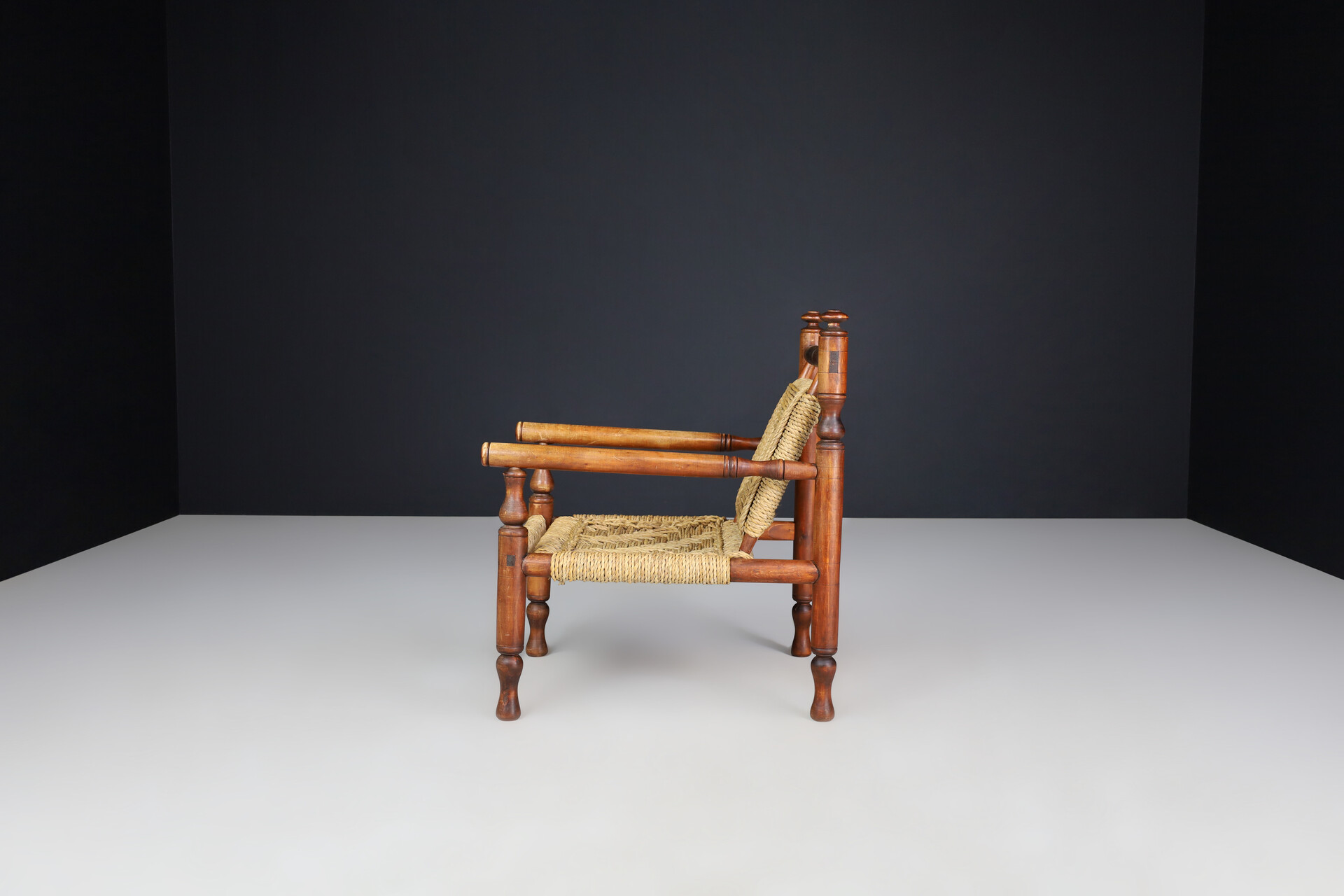 Mid century modern Adrien Audoux and Frida Minet beech and rope Lounge Chairs set/2, France 1950 Mid-20th century