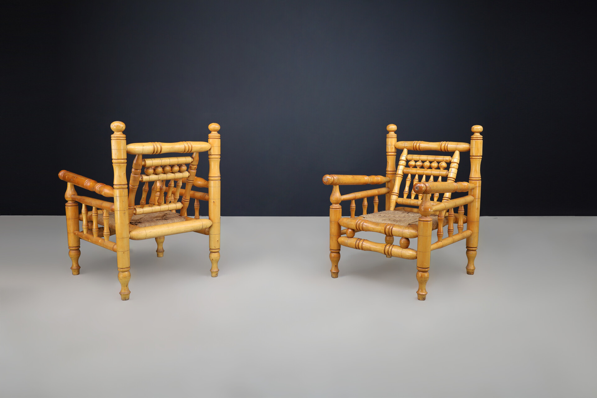 Mid century modern Adrien Audoux and Frida Minet beech and rope Lounge Chairs set/2, France 1950 Mid-20th century