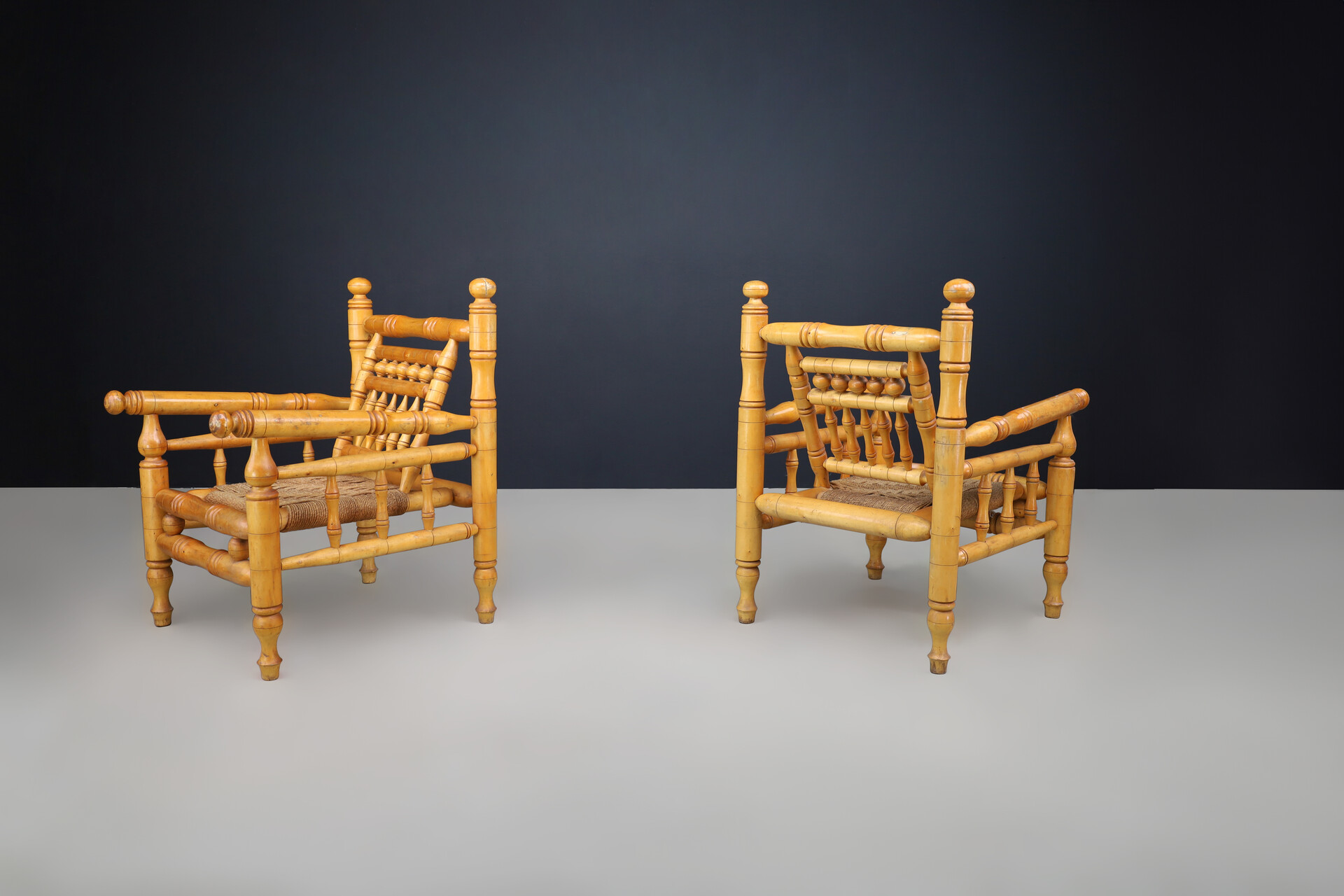 Mid century modern Adrien Audoux and Frida Minet beech and rope Lounge Chairs set/2, France 1950 Mid-20th century